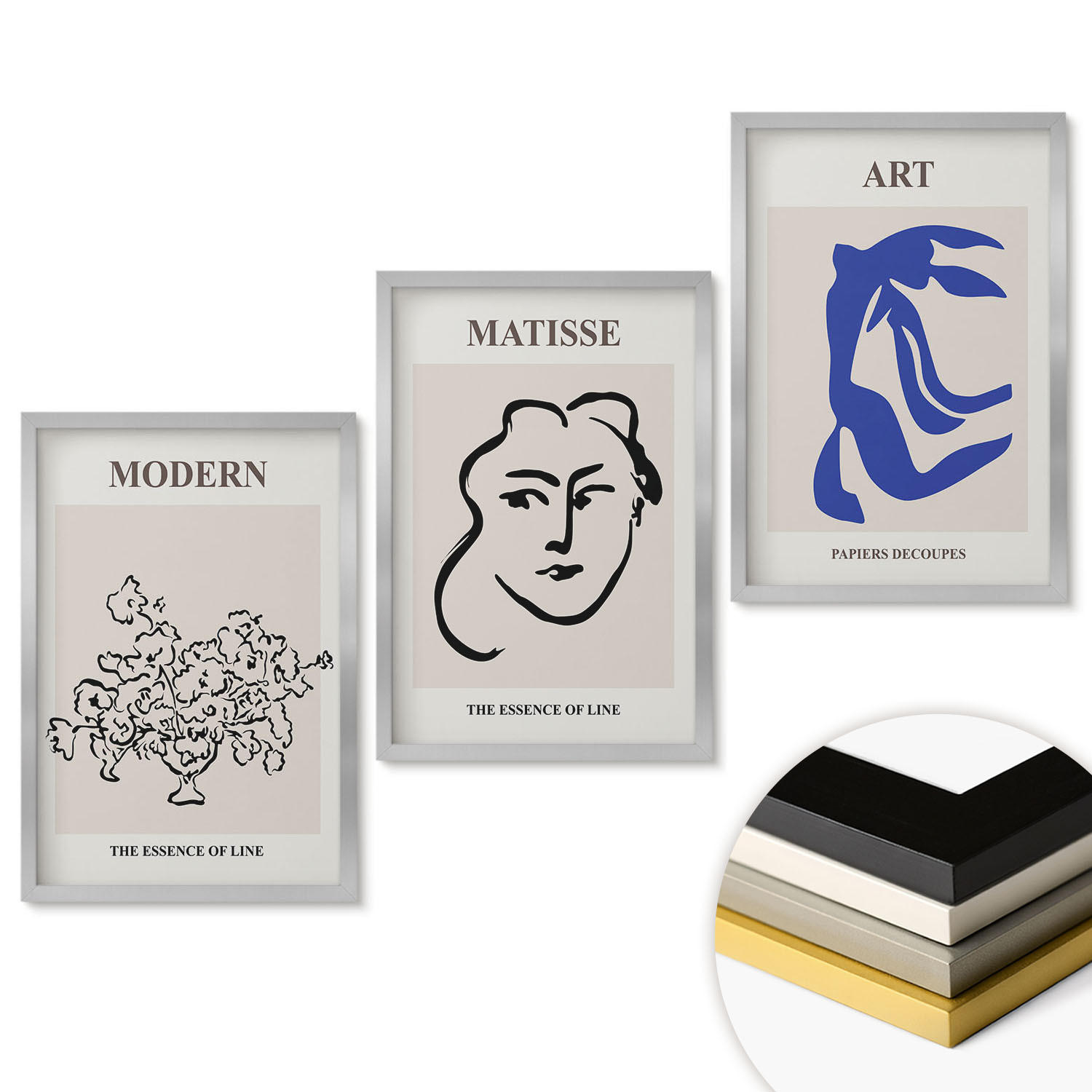 WANDBILDER 3er Set - 40x60 cm Silberner Rahmen - Abstrakte minimalistische Poster - Silberfarben, Kunststoff (40/60cm) - ArtPrintCave