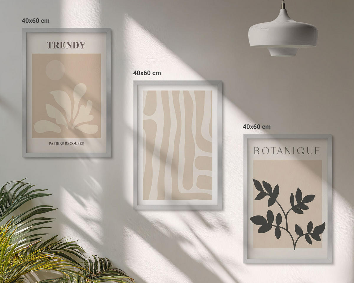 WANDBILDER 3er Set - 40x60 cm Silberner Rahmen - Stilvolle Pflanzenmuster in Beige und Schwarz - Silberfarben, Kunststoff (40/60cm) - ArtPrintCave
