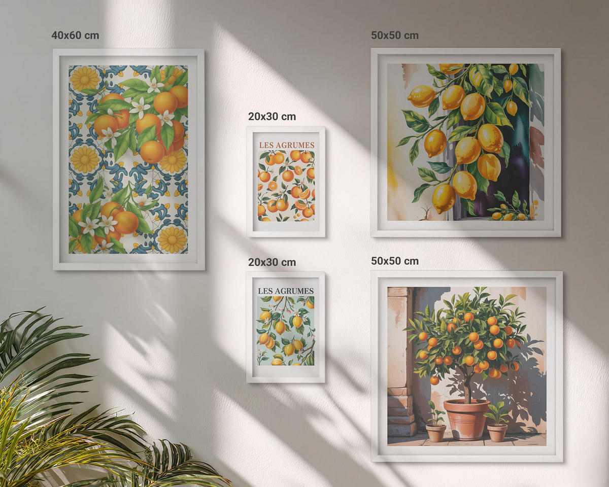 BILDER SET 5er Set - 50x50 cm & 20x30 cm & 40x60 cm Weißer Rahmen - Retro gelbe Zitrusfrüchte - Weiß, Kunststoff (40/60cm) - TULUP