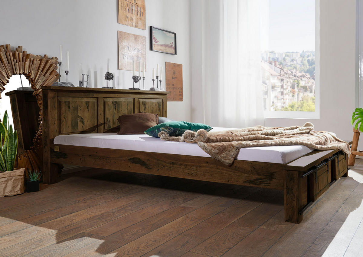 BETT Massivholz Mango 180 x 200 x 85 braun RAILWAY #442 - Braun, Holz (180/200cm) - Massivmoebel24
