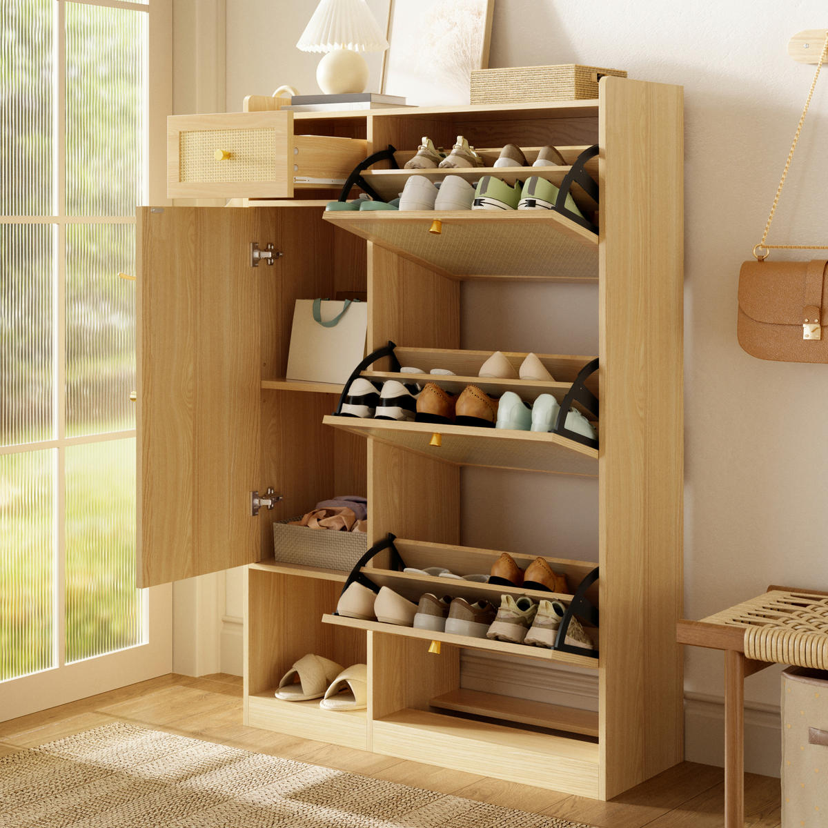 SCHUHSCHRANK 80.5x25x125cm Rattan mit 3 Klappen - Naturfarben, Holzwerkstoff (80.5/125/25cm) - FLIEKS