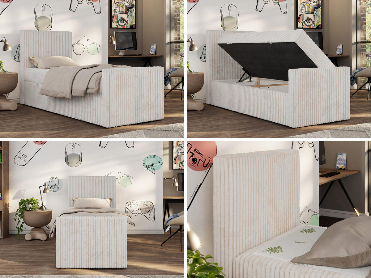 JUGENDBETT TILIO DUO 90/200 - Beige Cord - H3 - Links Seite - Beige, Textil (90/200cm) - MKS