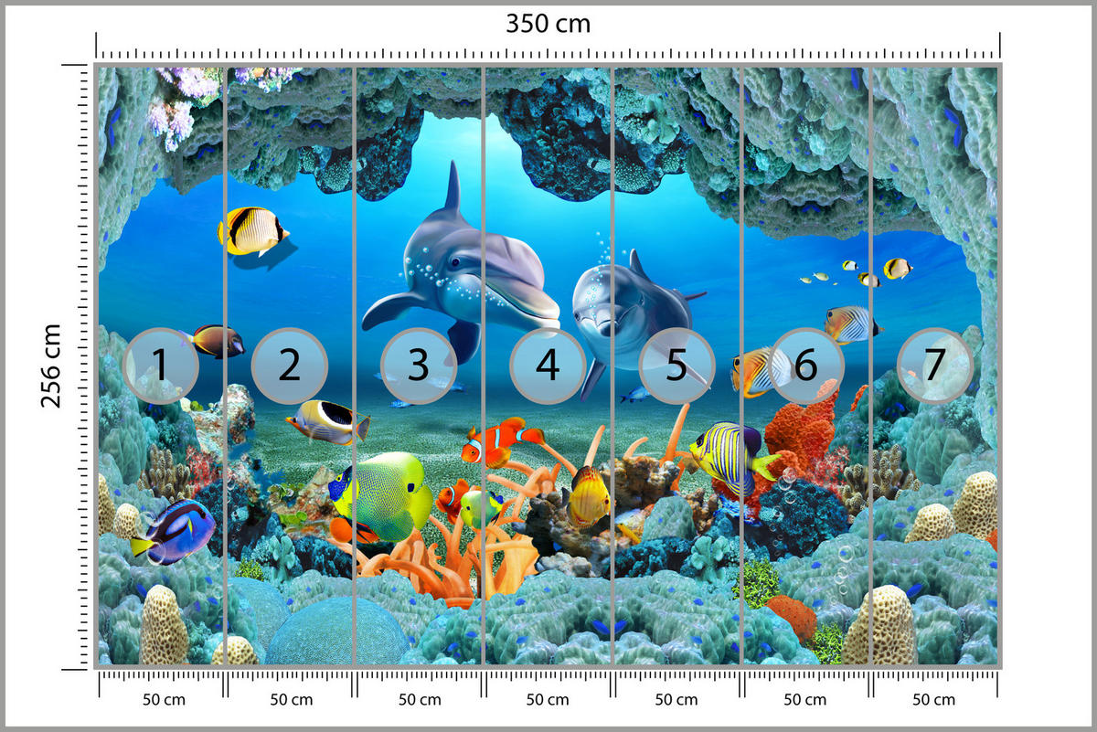 FOTOTAPETE für Badezimmer Unterwasser Korallenriff Delfin Fisch 350x256 - Türkis/Gelb, Papier (350/256cm) - Muralo