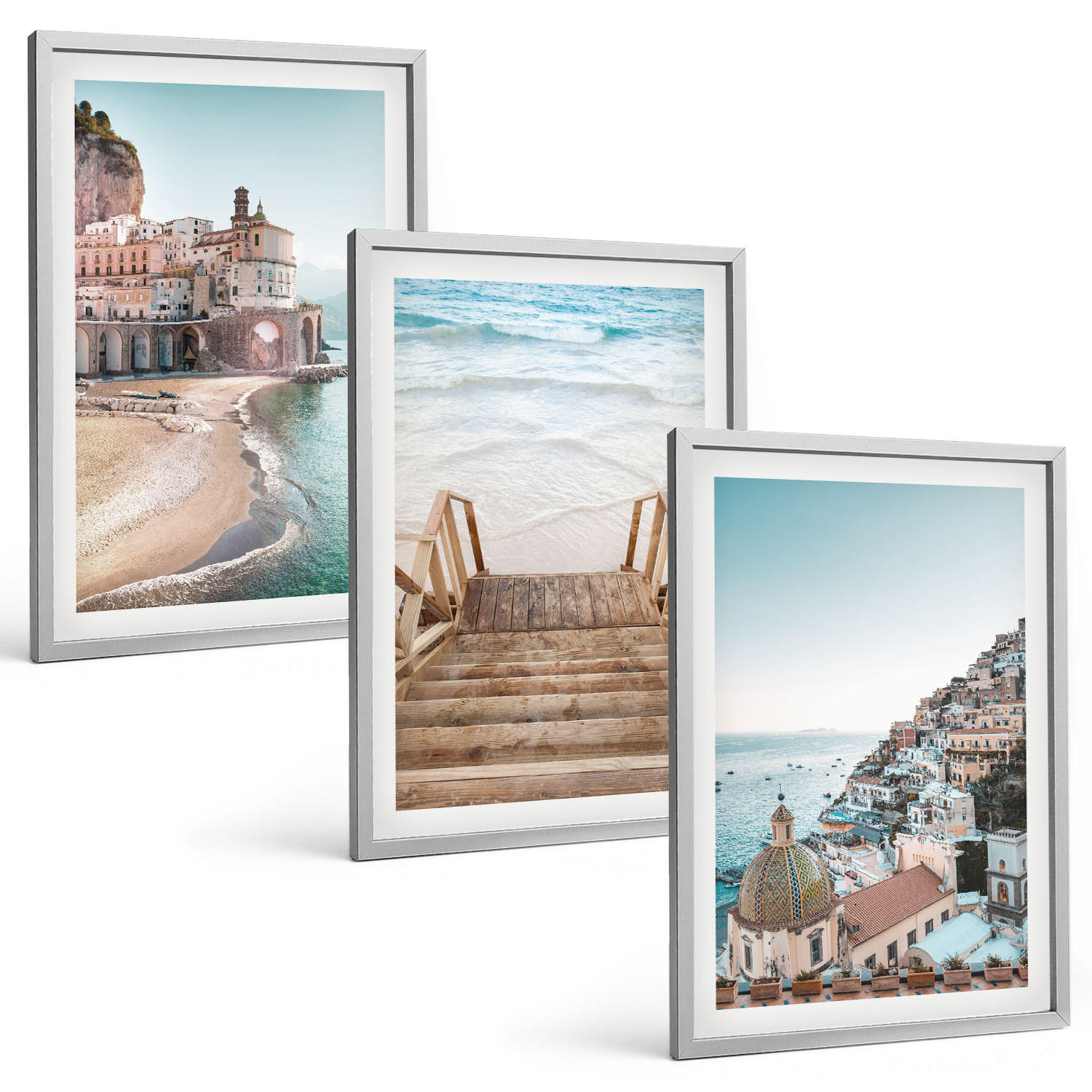 BILDER SET 3er Set - 40x60 cm Silberner Rahmen - Sommerliche Strandansichten in Pastellfarben - Silberfarben, Kunststoff (40/60cm) - TULUP