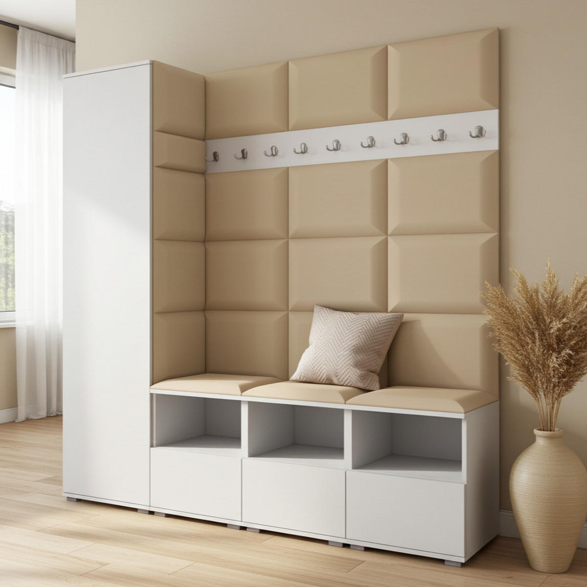 GARDEROBE NELA IX 200 cm (Modulare Flurmöbel Weiß mit Sitzpolster Beige 04 Breite Sitzbank) - Beige/Silberfarben, Holz/Holzwerkstoff (200/187/40cm) - Ravio