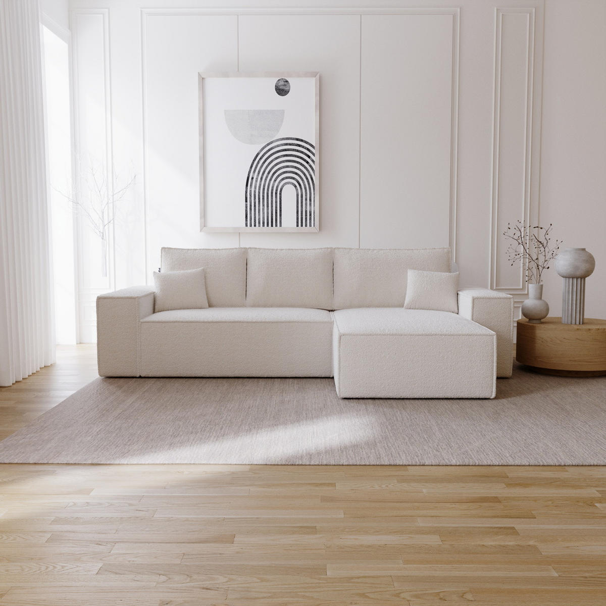 ECKSOFA Bouclé 280 cm Bergamo L mit Bettkasten, Schlaffunktion, Rechts - Creme - Creme, Holz (189/277cm) - Emporius