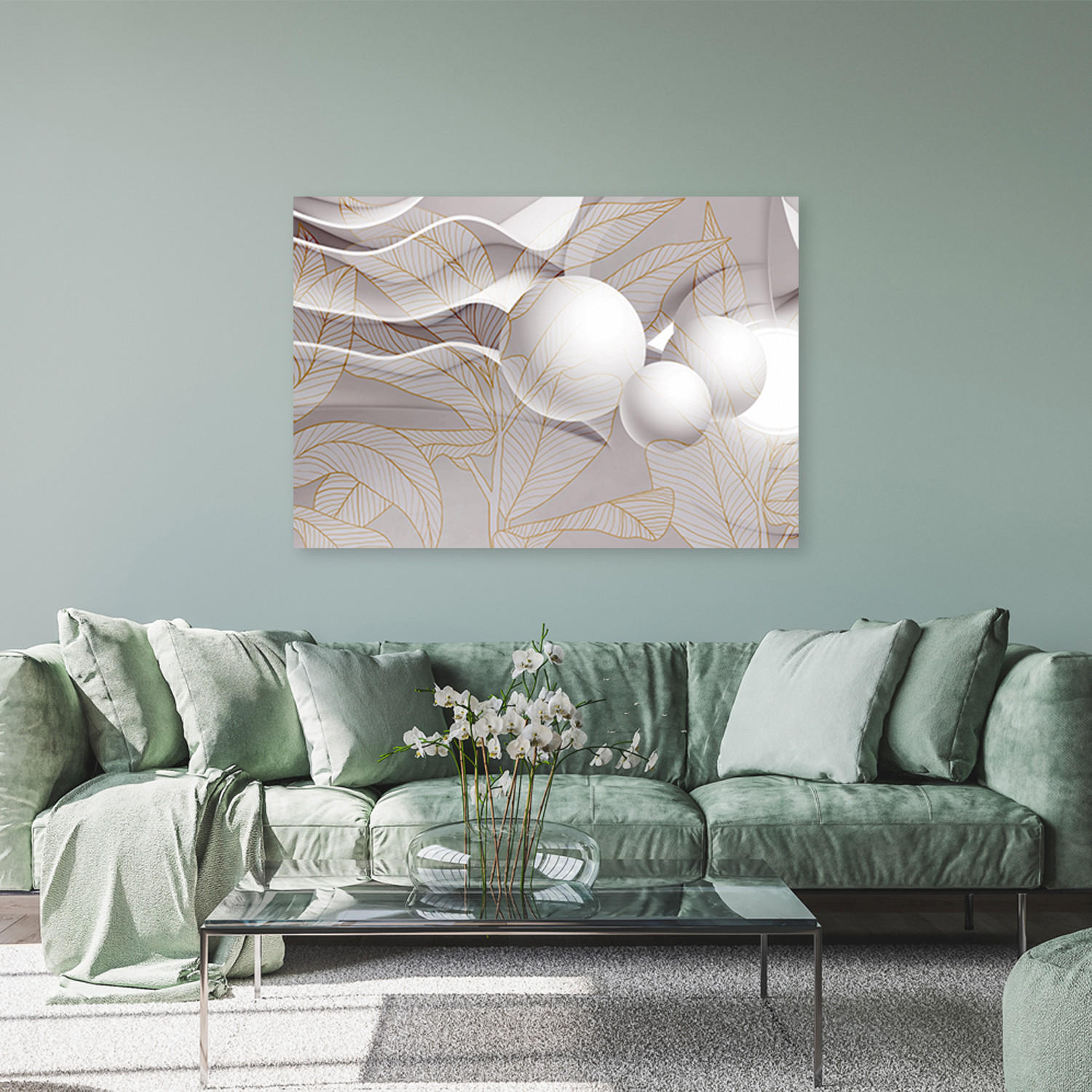 WANDBILD goldene blätter und 3d kugeln - Beige, Textil (60/40cm) - Feeby