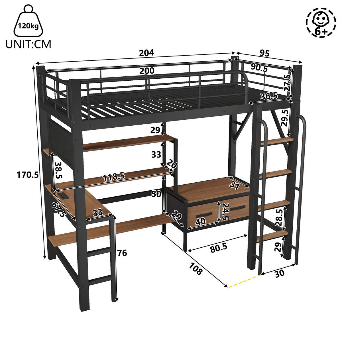 HOCHBETT 90/200 cm mit Eisenrahmen Schwarz, Schreibtisch, Lochwand und LED-Licht - Schwarz, Metall