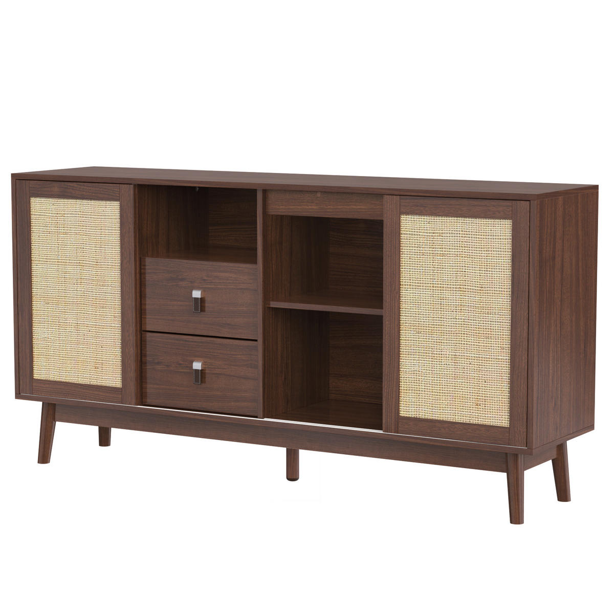 SIDEBOARD 155/38/80 cm mit 3 Schiebetüren, 2 Schubladen & Rattanfronten - Nussbaumfarben, Holzwerkstoff (155/80/38cm) - BEAOK