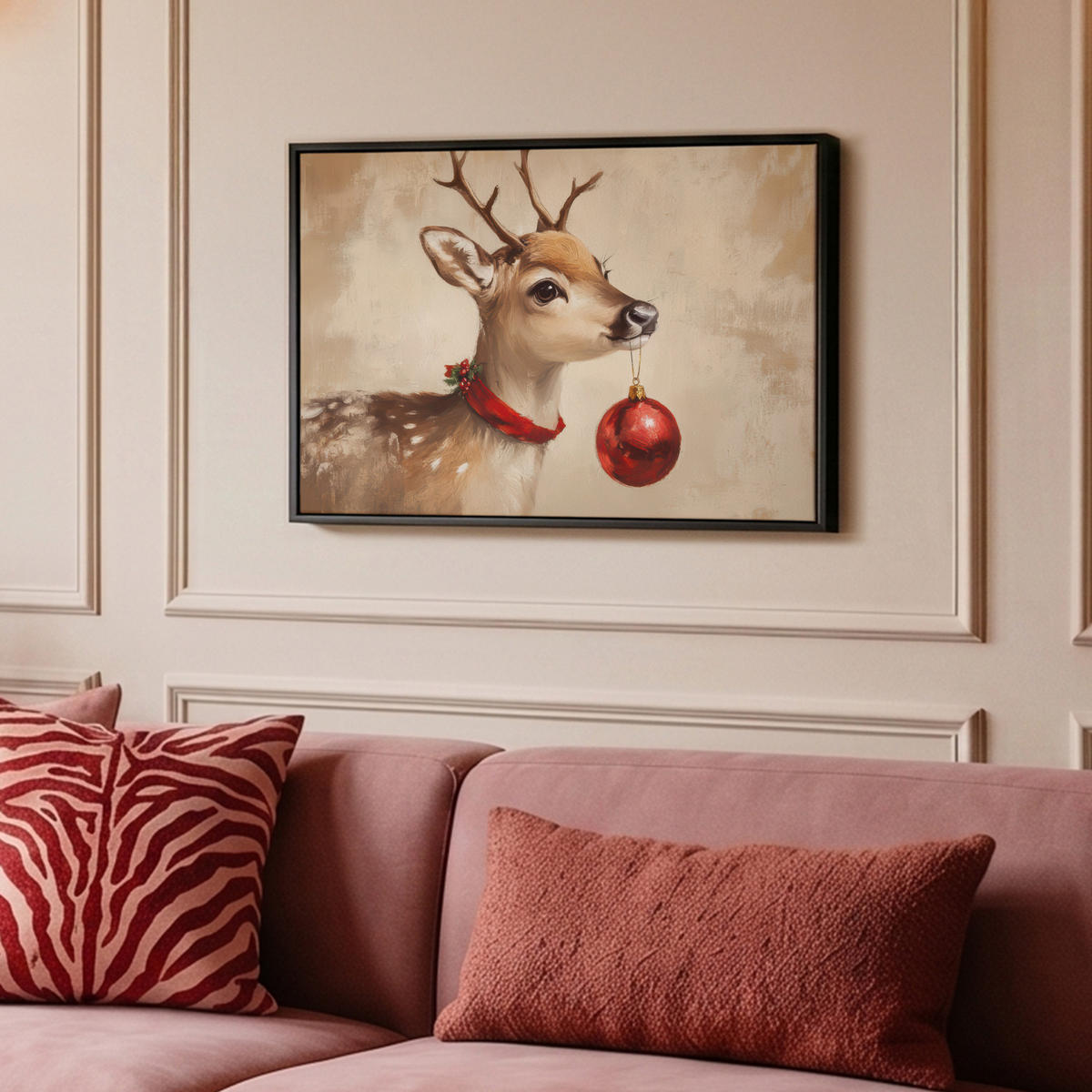 LEINWAND Bilder mit Rahmen - Weihnachten - Hirsch - Geweih - Weihnachtskugel - Rentier - 60x40 - Hellbraun, Textil (60/40cm) - MuchoWow