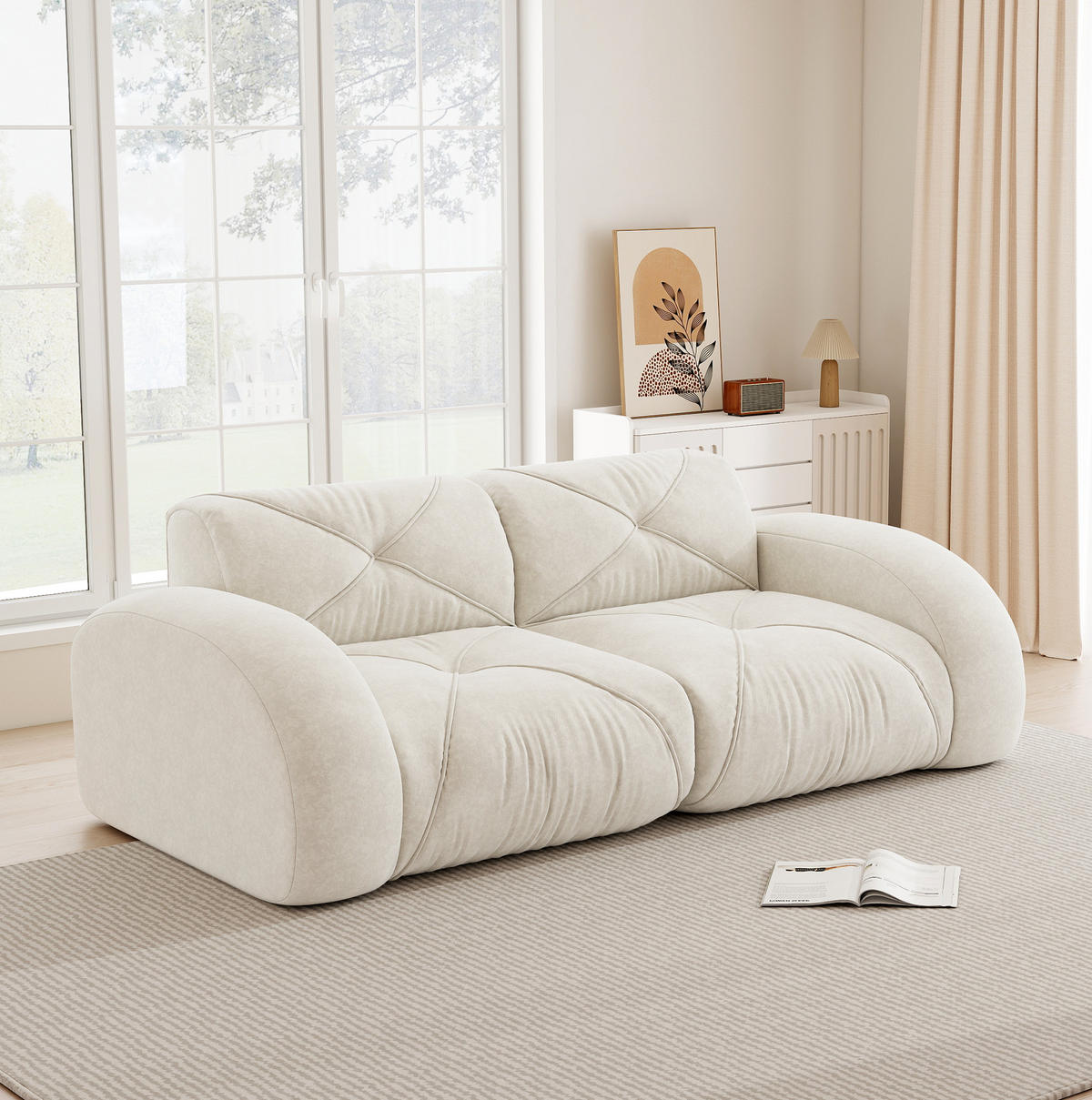 MODULÁRNÍ 2místná pohovka světle béžová z chenille s vysokohustotní 32D pěnou bez rámu - bílá, textil (95/76/204cm) - OKWISH