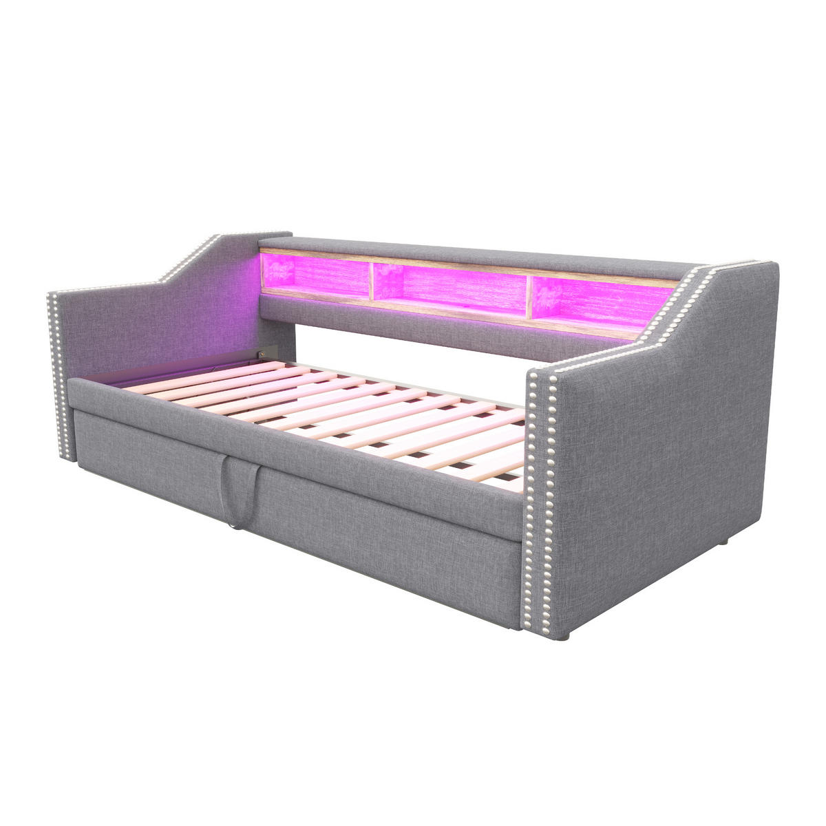 BETT Ausziehbar 90/190 cm mit LED-Beleuchtung & USB-Anschluss Hellgrau - Hellgrau, Textil (90/190cm) - OKWISH