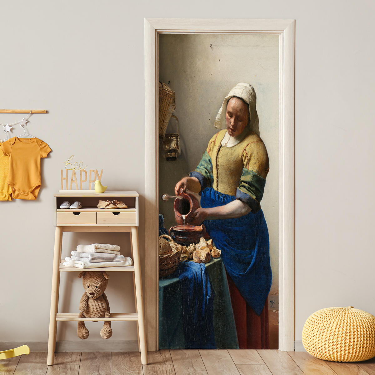 TÜRAUFKLEBER Selbstklebend - Das Milchmädchen - Johannes Vermeer 95x235 cm - Türtapete - Blau, Kunststoff (95/0.1cm) - MuchoWow