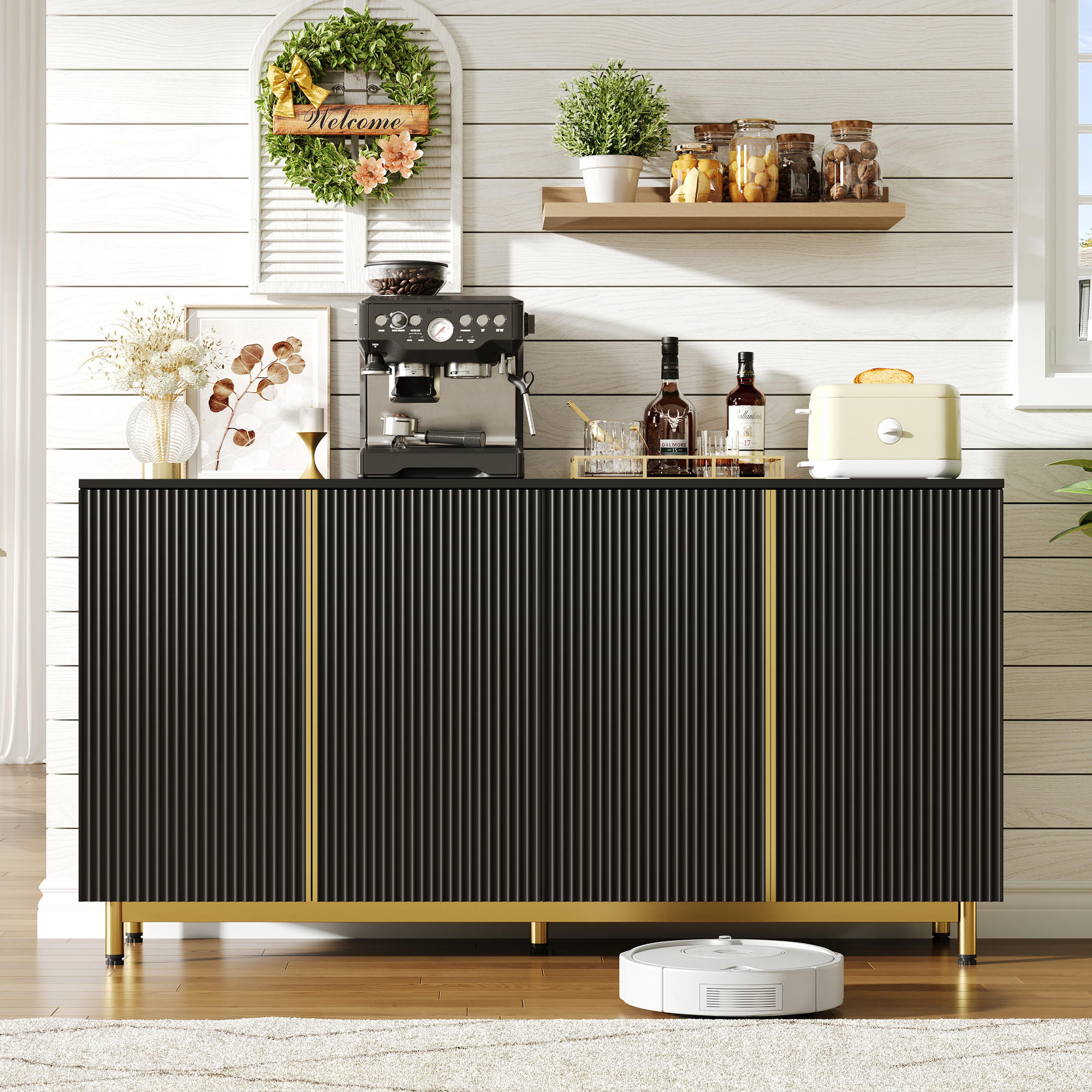 SIDEBOARD mit Flexibler Stauraum Schwarz und Gold - Weiß, Holzwerkstoff (150/81/41.5cm) - Urban Meuble