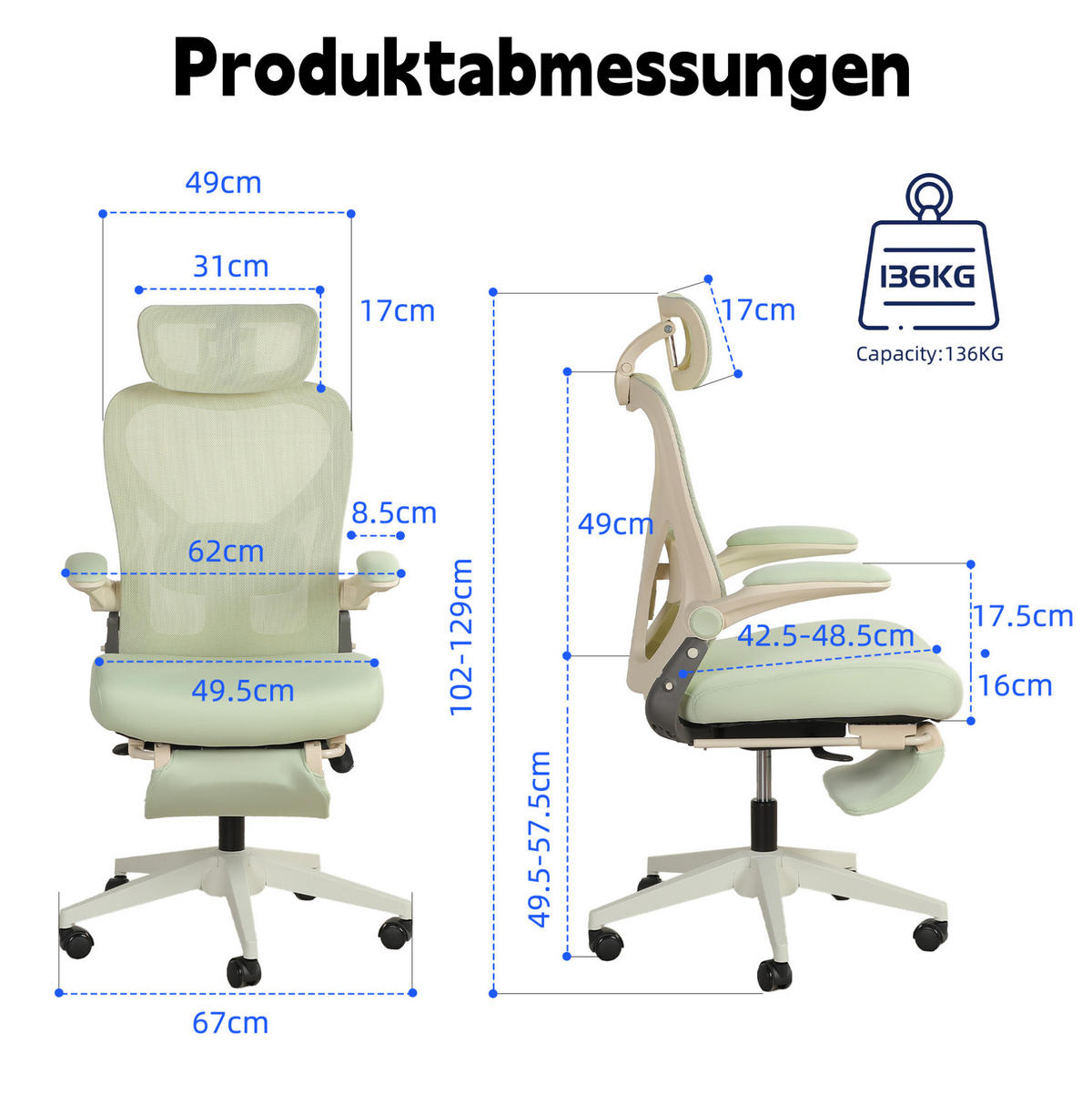 DREHSTUHL 67/67/129 cm grün aus Schaumstoff mit Kopfstütze, Armlehnen und Neigung - Grün, Kunststoff (62/129/48.5cm) - OKWISH