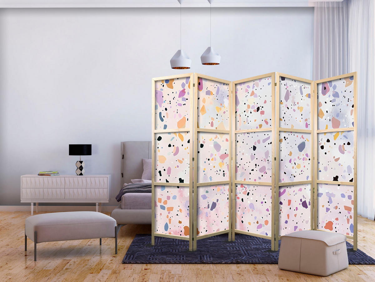 PARAVENT Japanischer 5-tlg 225x172 cm Farbiger Terrazzo - Multicolor, Holz/Textil (225/172/3cm) - Muralo