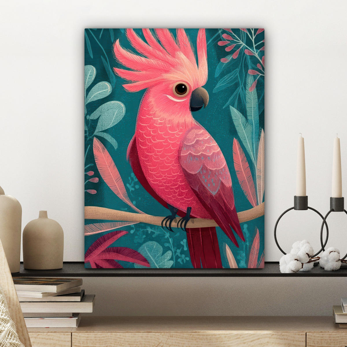 LEINWANDBILD Kakadu - Tropische Blätter - Zweig Room Decor 30x40 cm - Petrol, Textil (30/40cm) - MuchoWow