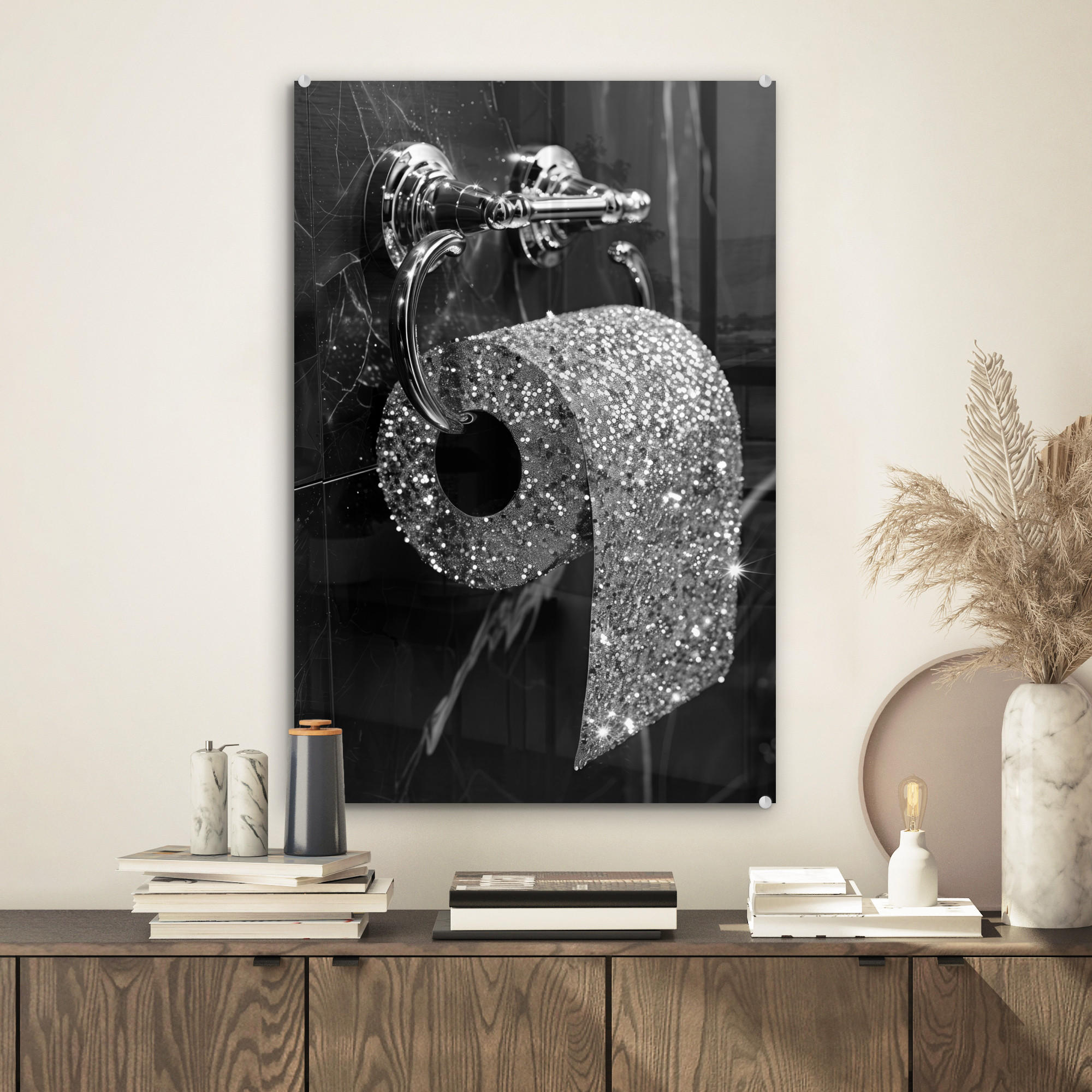 ACRYLGLASBILD WC - Toilettenpapier - Schwarz und weiß - Glitter 40x60 cm - Silberfarben, Glas (40/60cm) - MuchoWow