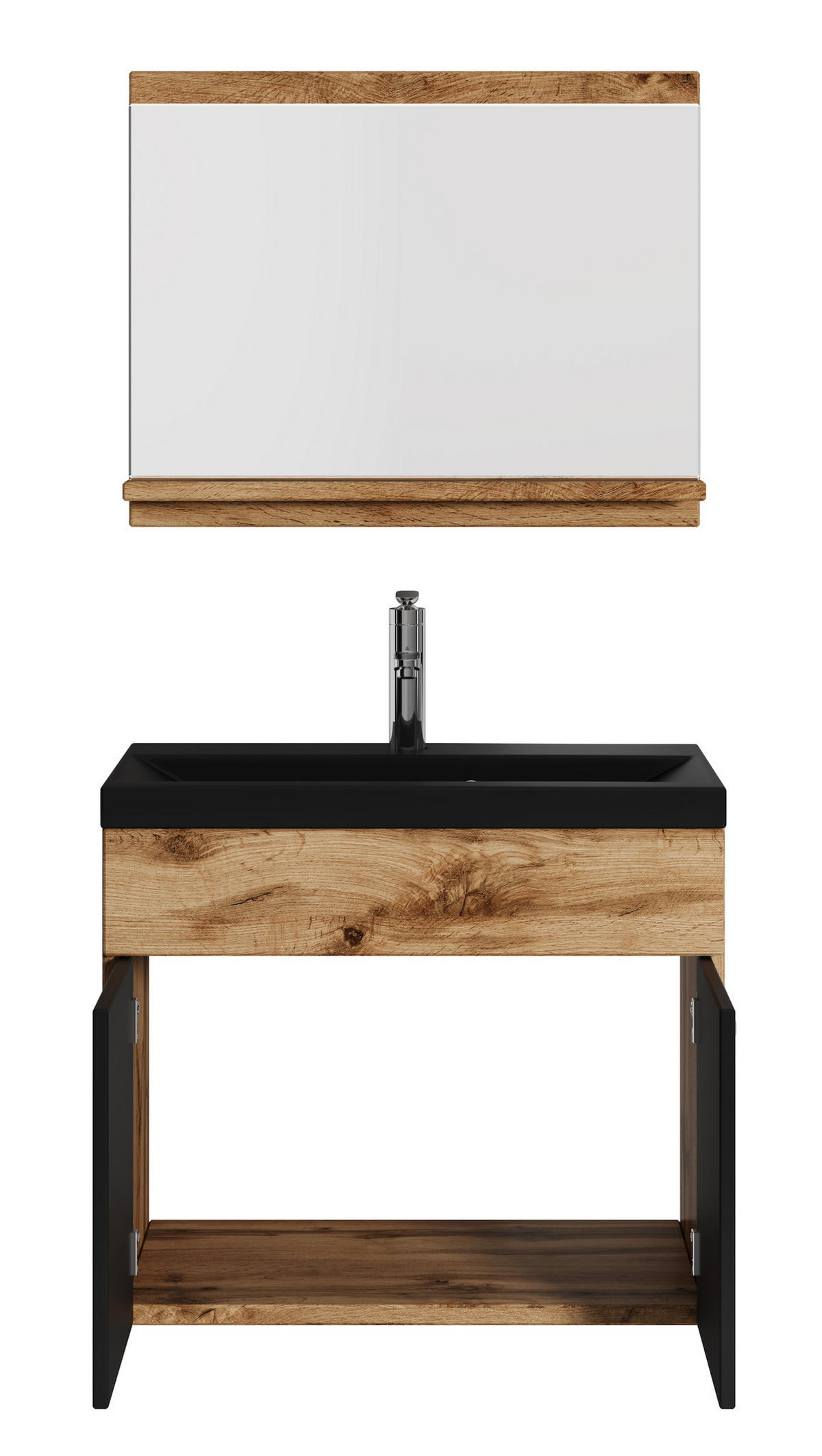 BADMÖBEL-SET Montreal 3 Teile Eiche / Schwarz - Schwarze Waschbecken - 60 x 35 x 51 cm - Eichefarben/Schwarz, Holz (60/51/35cm) - Badplaats