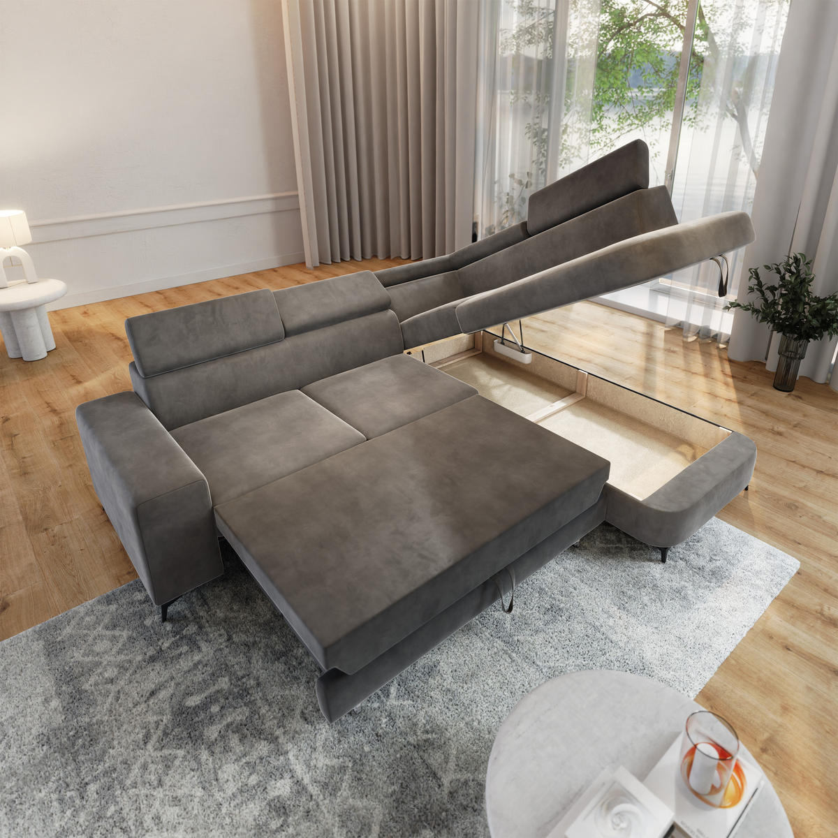 ECKSOFA ALVORO R-S Grau Velours-Stoff mit Schlaffunktion - Grau, Holz (253/190cm) - MASSENO