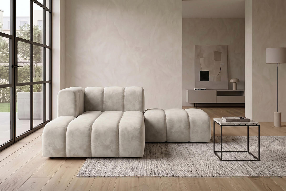 CHAISELONGUE Modulare Mit Hocker, Velvet-Stoff Riviera, Ecru, Links, GRAND - Creme, Holz (204/179cm) - Kaiser Möbel