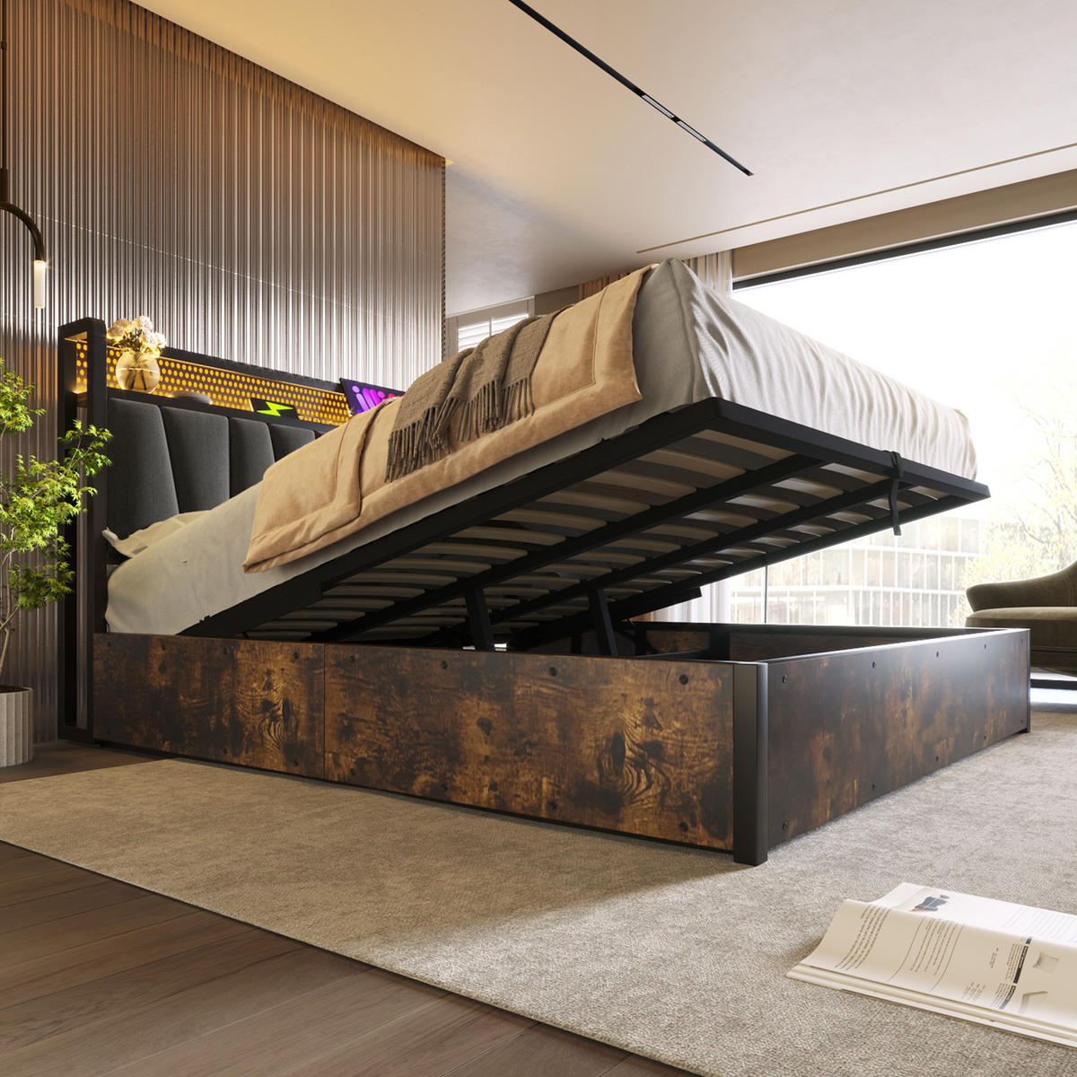 POLSTERBETT 180/200 cm mit Bettkasten, RGBW LED-Kopfteil & USB/Steckdosen, Grau - Grau, Textil (180/200cm) - Redom