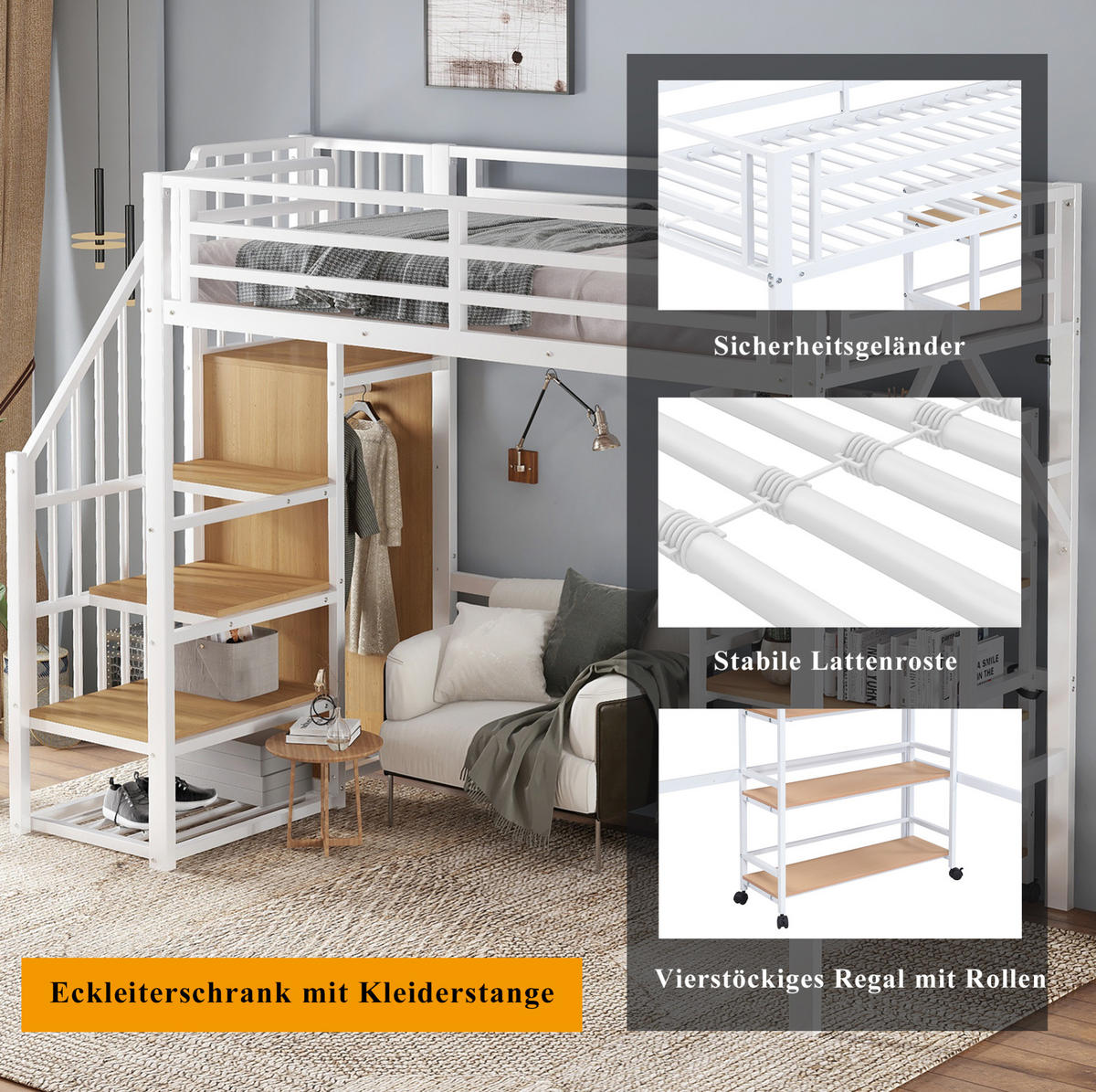 HOCHBETT 90/200 cm mit Eckleiterschrank, 4-stufigem Rollregal und Sicherheitsgeländer, Metall & Holz, Weiß/Natur - Weiß, Metall (90/200cm) - Redom