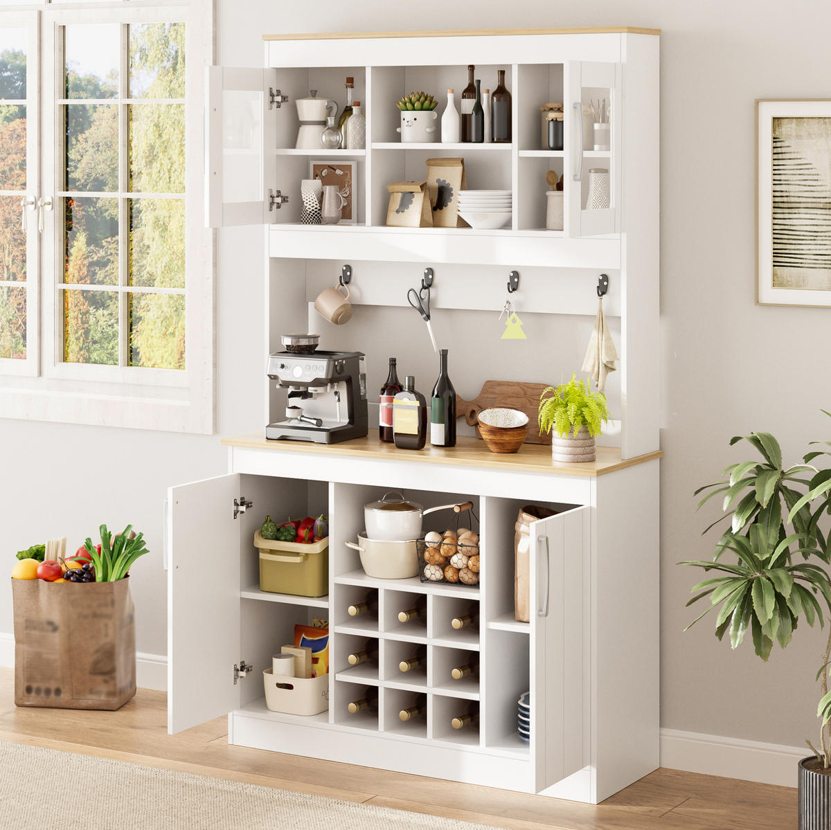 KÜCHENBUFFET mit Glastüren Weinregal 106 x 39 x 175 cm Weiß/Natur - Weiß, Holzwerkstoff (39/175/106cm) - Meubliv