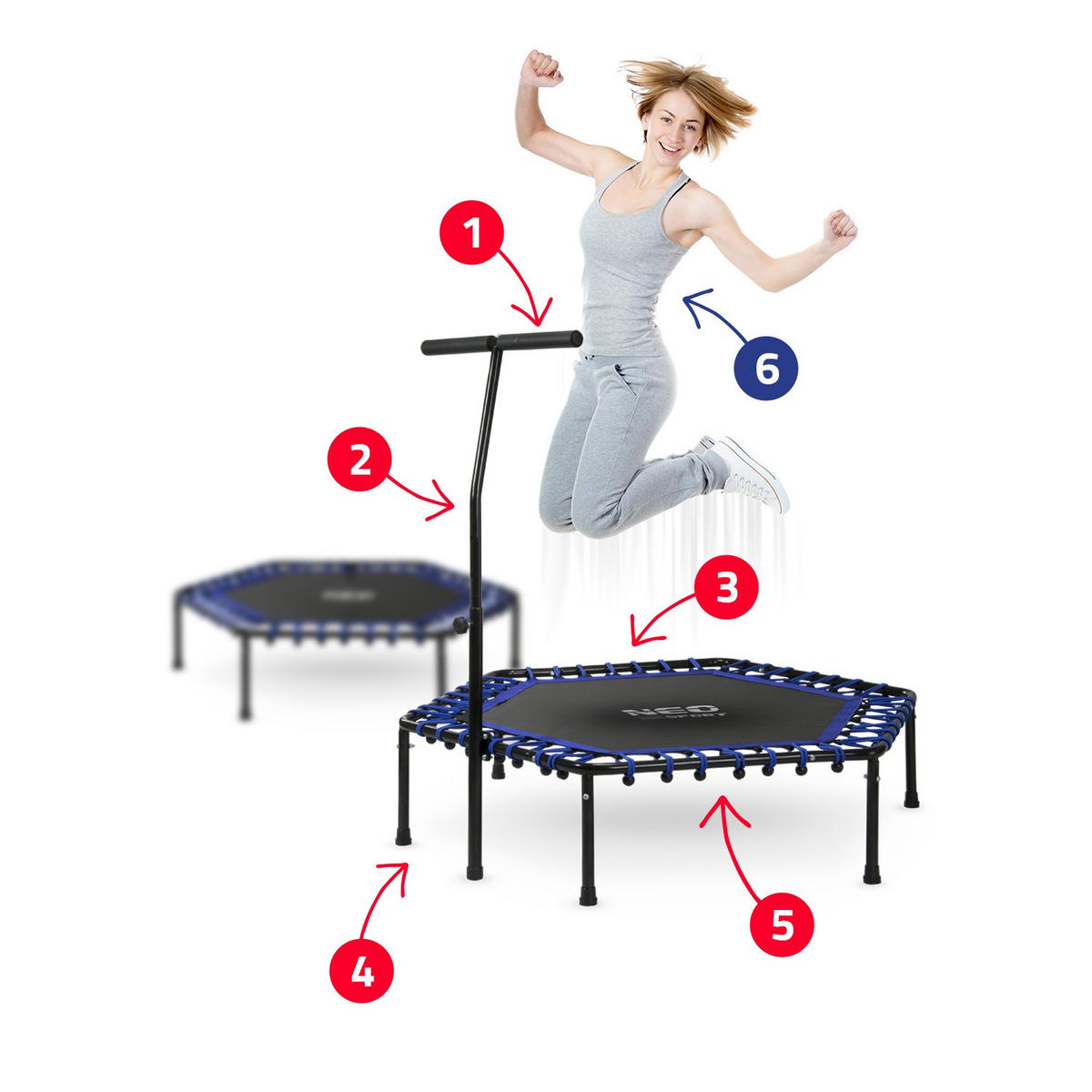 FITNESS-TRAMPOLIN mit Haltegriff 127 cm – sechseckig, blau - Blau, Metall (127/127cm)