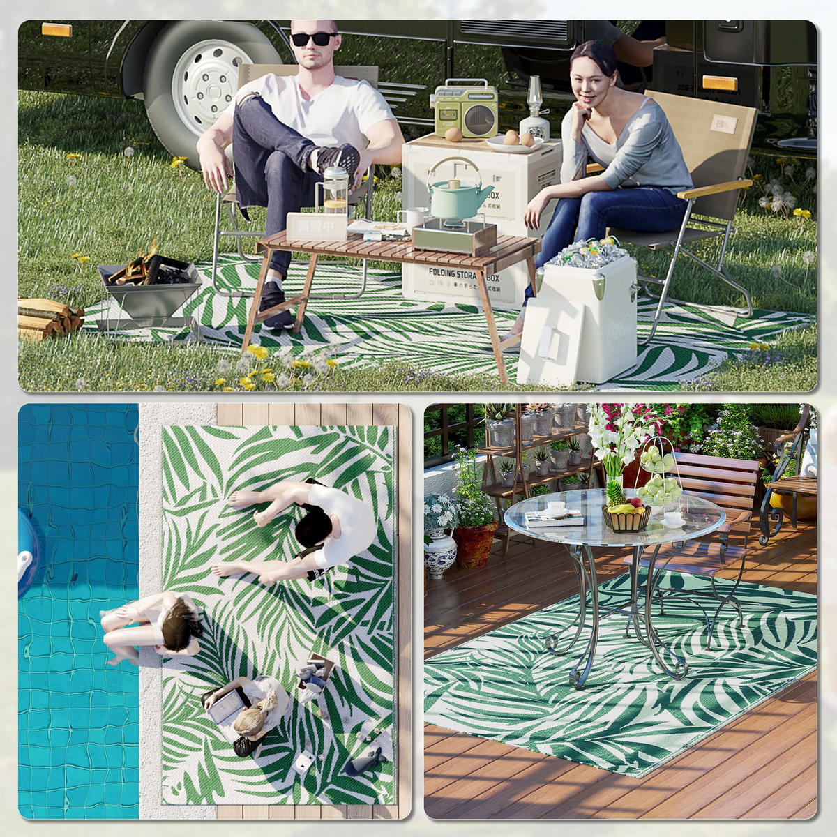 OUTDOOR Teppich Wendbares Wetterfest Outdoorteppich Carpet mit Blätter-Muster - Dunkelgrün, Kunststoff (243/152cm) - Outsunny