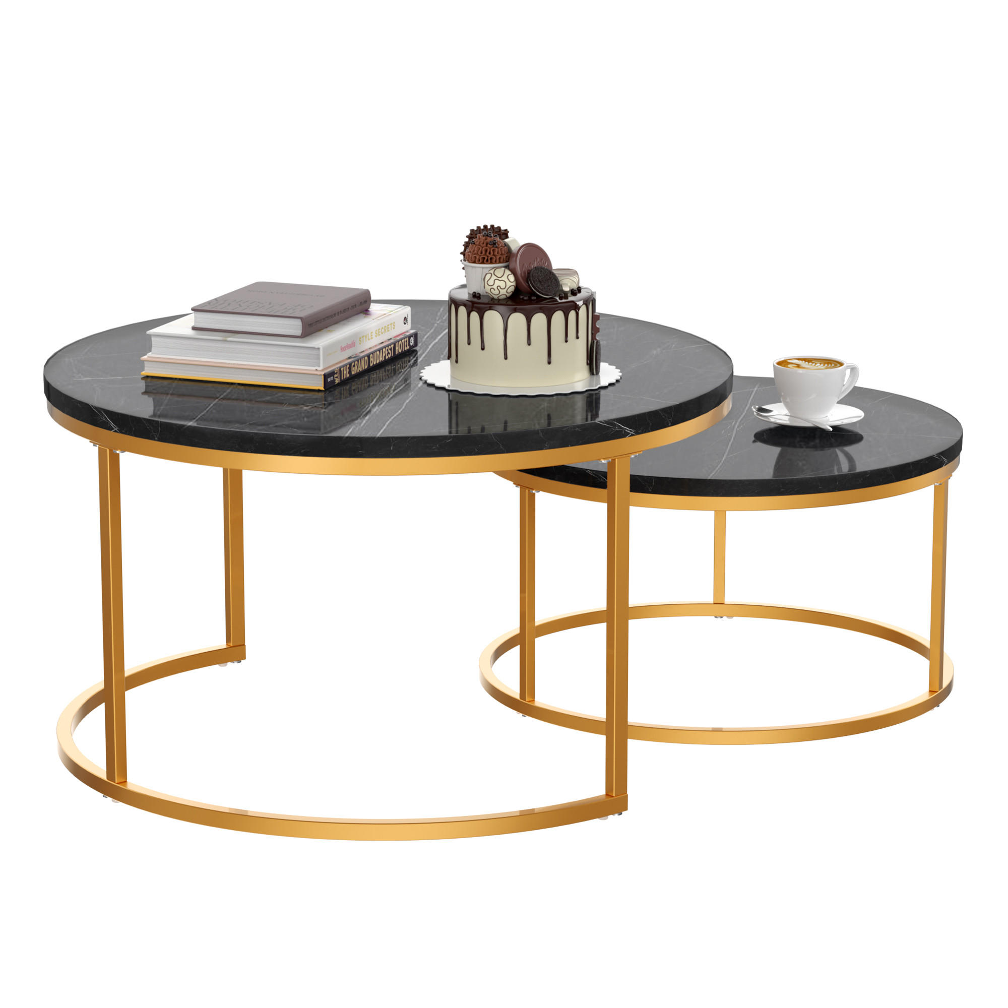 COUCHTISCH 80/60 cm in Schwarz/Gold in Marmoroptik, 2-teilig - Goldfarben/Schwarz, Holzwerkstoff (80/80/45cm) - OKMYHOME