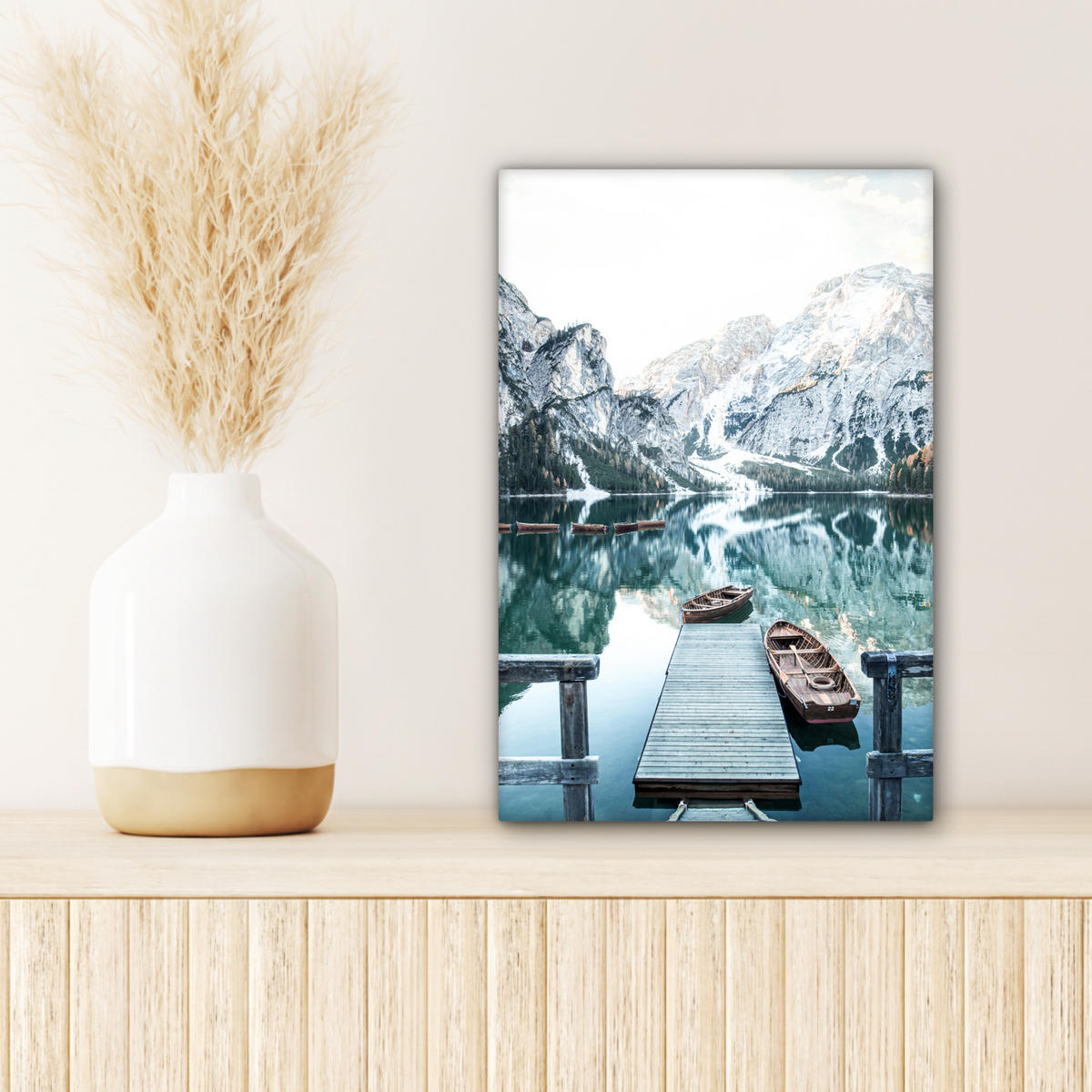 LEINWANDBILD Natur - Berge - Schnee - Wald - Boot Deko Wohnzimmer 20x30 cm - Hellgrün, Textil (20/30cm) - MuchoWow