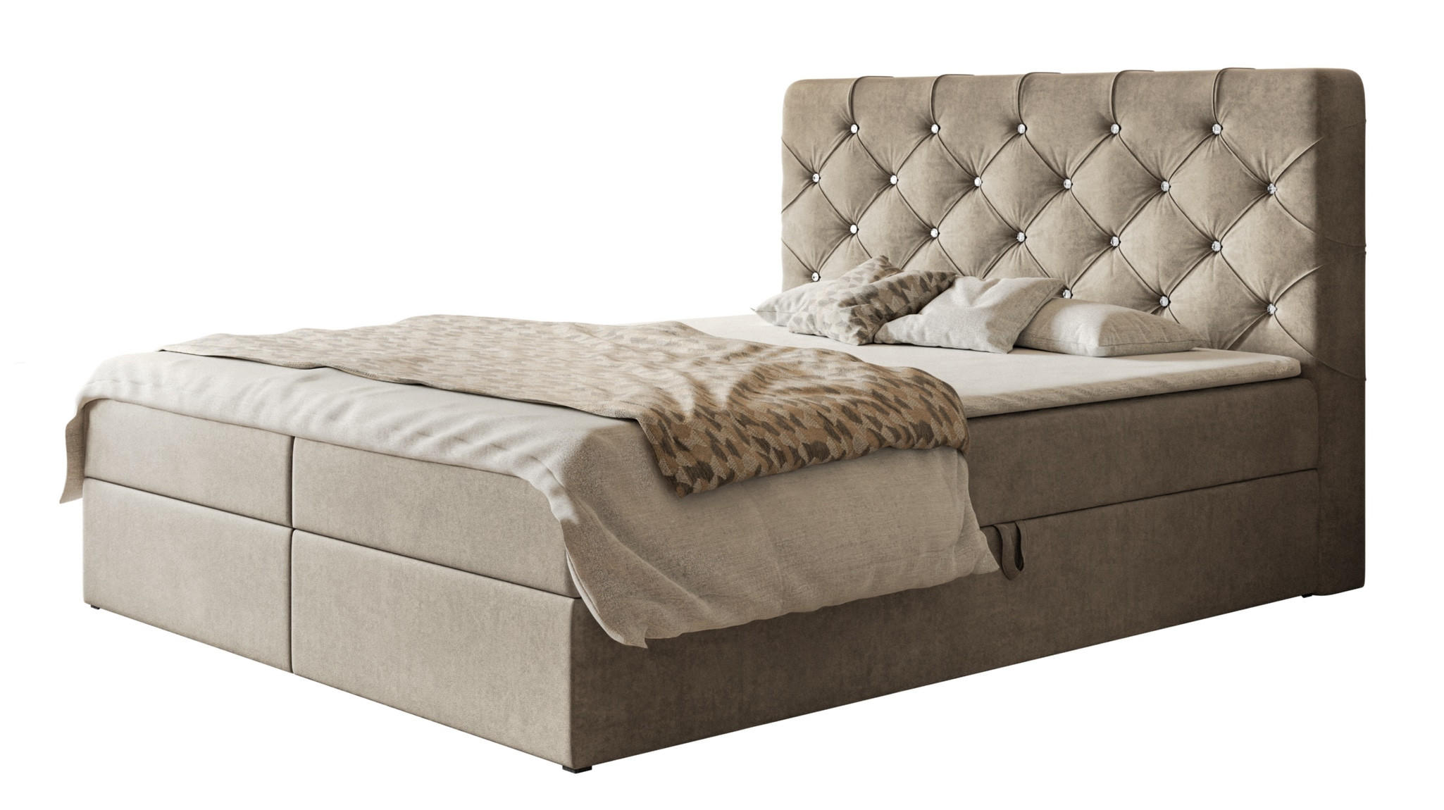 BOXBETT BOSTON mit 2 Bettkästen, 120x200, Farbe: Sand, Velourstoff, Doppelbett mit Bonell-Matratze - Sahara, Holz/Kunststoff (120/200cm) - Alpi-Möbel