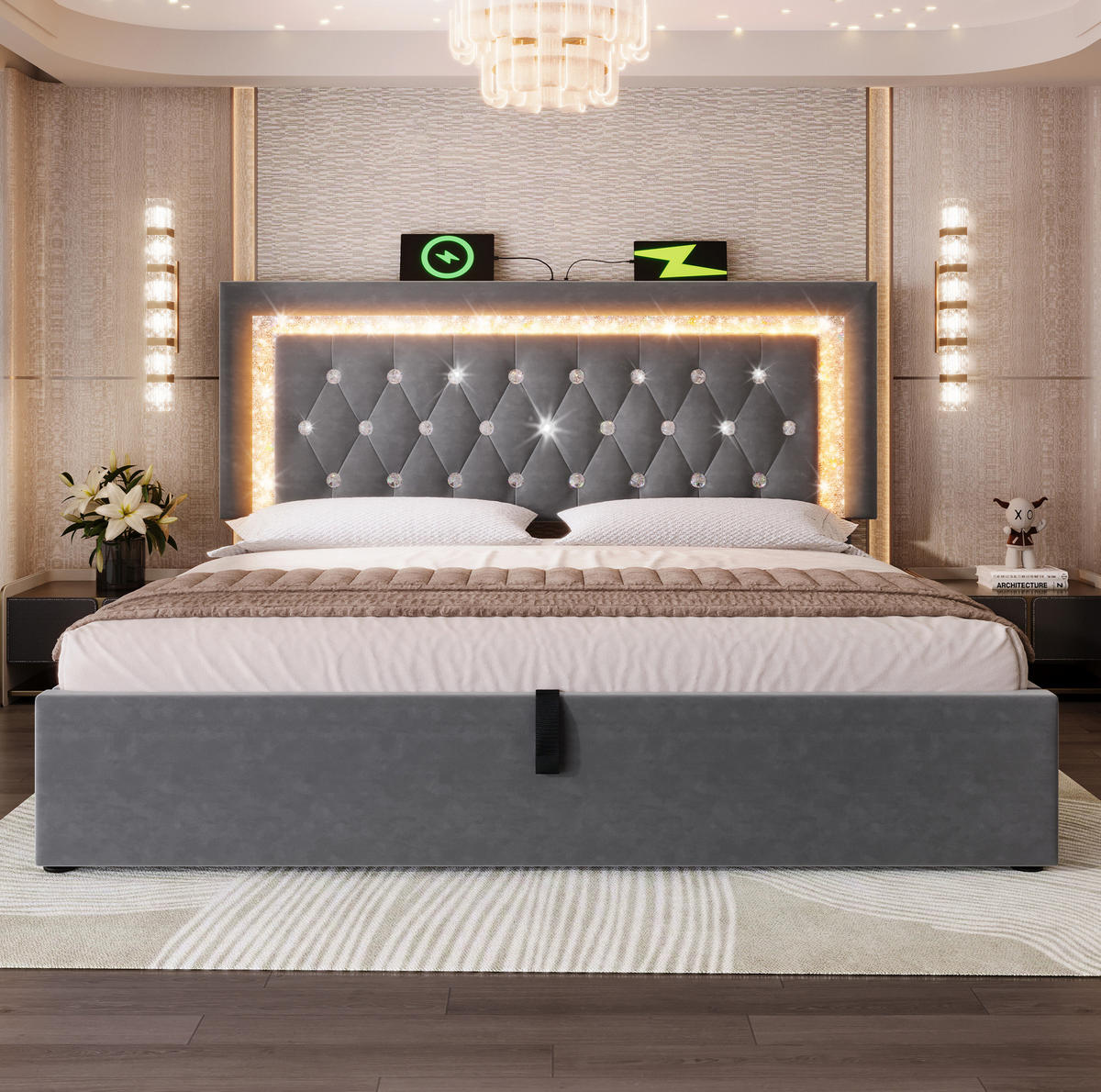 ČALÚNENÁ posteľ zo zamatu 180x200 cm sivá s LED osvetlením, USB-C a hydraulickým úložným priestorom - sivá, textil (180/200cm) - Modfu