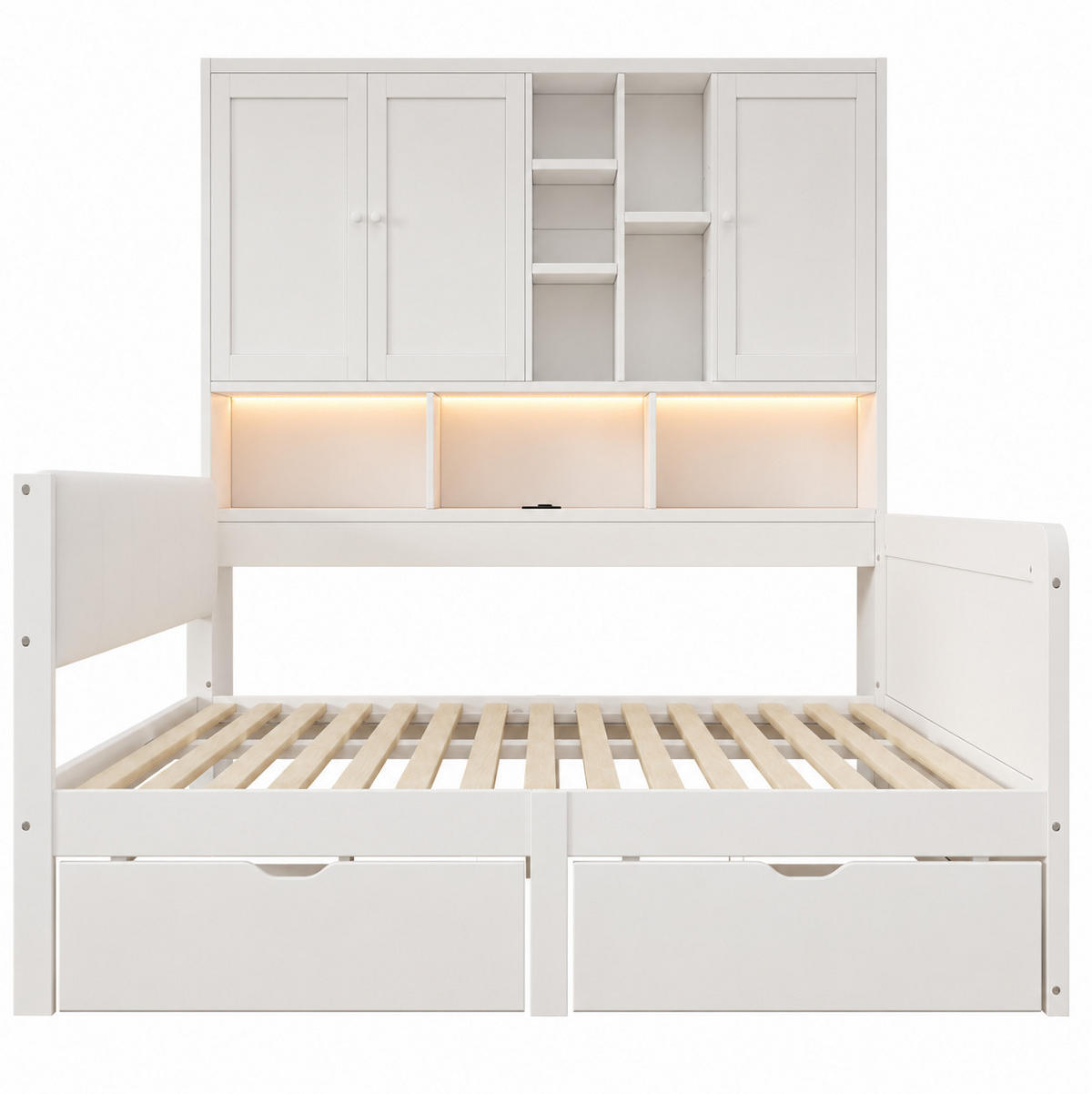 KINDERBETT aus MDF 140x200 cm Weiß mit LED-Beleuchtung, USB-Anschluss, Stauraum und PU-Kopfteil - Weiß, Holzwerkstoff (140/200cm) - Modfu
