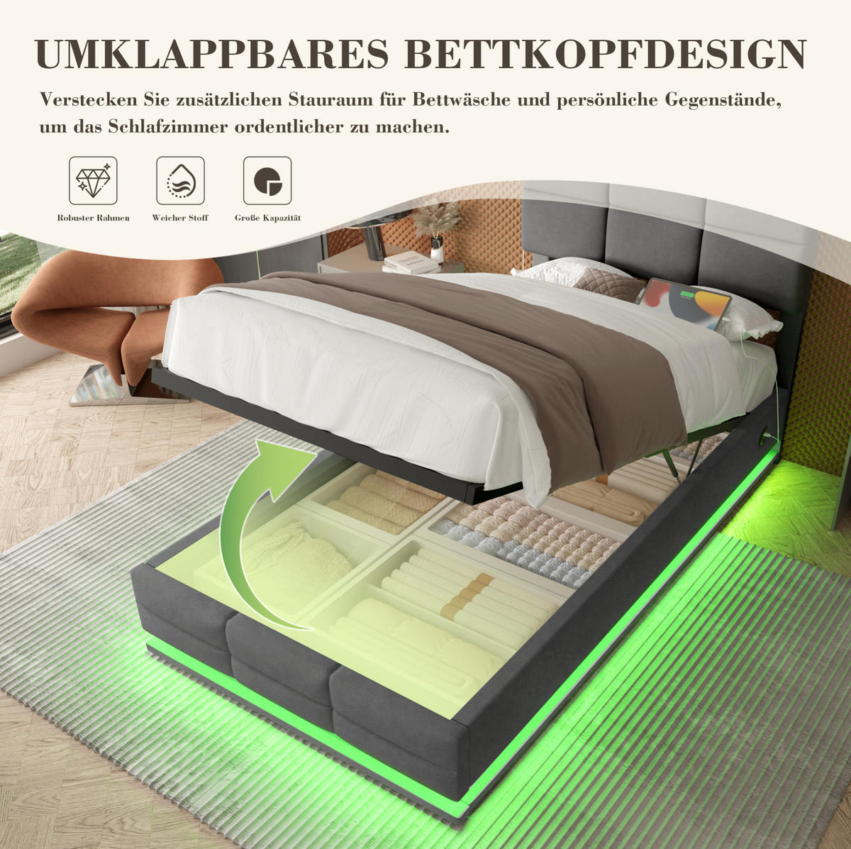 ČALOUNĚNÁ postel 90/200 cm s LED osvětlením, USB-C/USB porty a hydraulickým úložným prostorem, Tmavě šedá - tmavě šedá, textil (90/200cm) - Redom