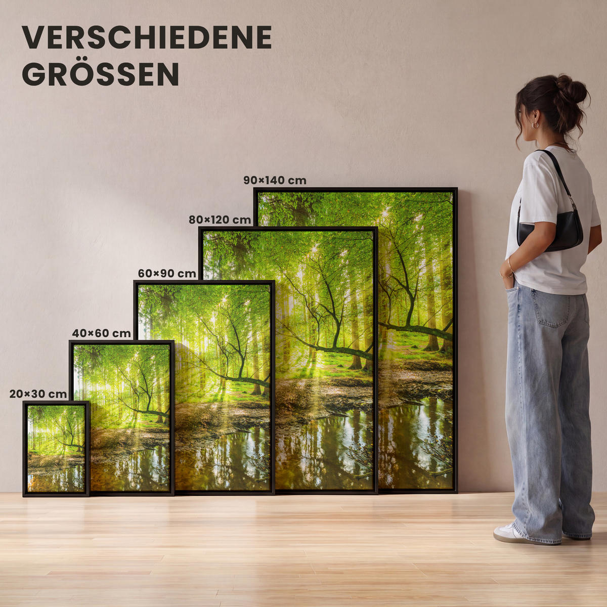 LEINWAND Bilder mit Rahmen - Wald - Landschaft - Wasser - Bäume - Sonne - Grün - Natur - 60x90 - Grün, Textil (60/90cm) - MuchoWow