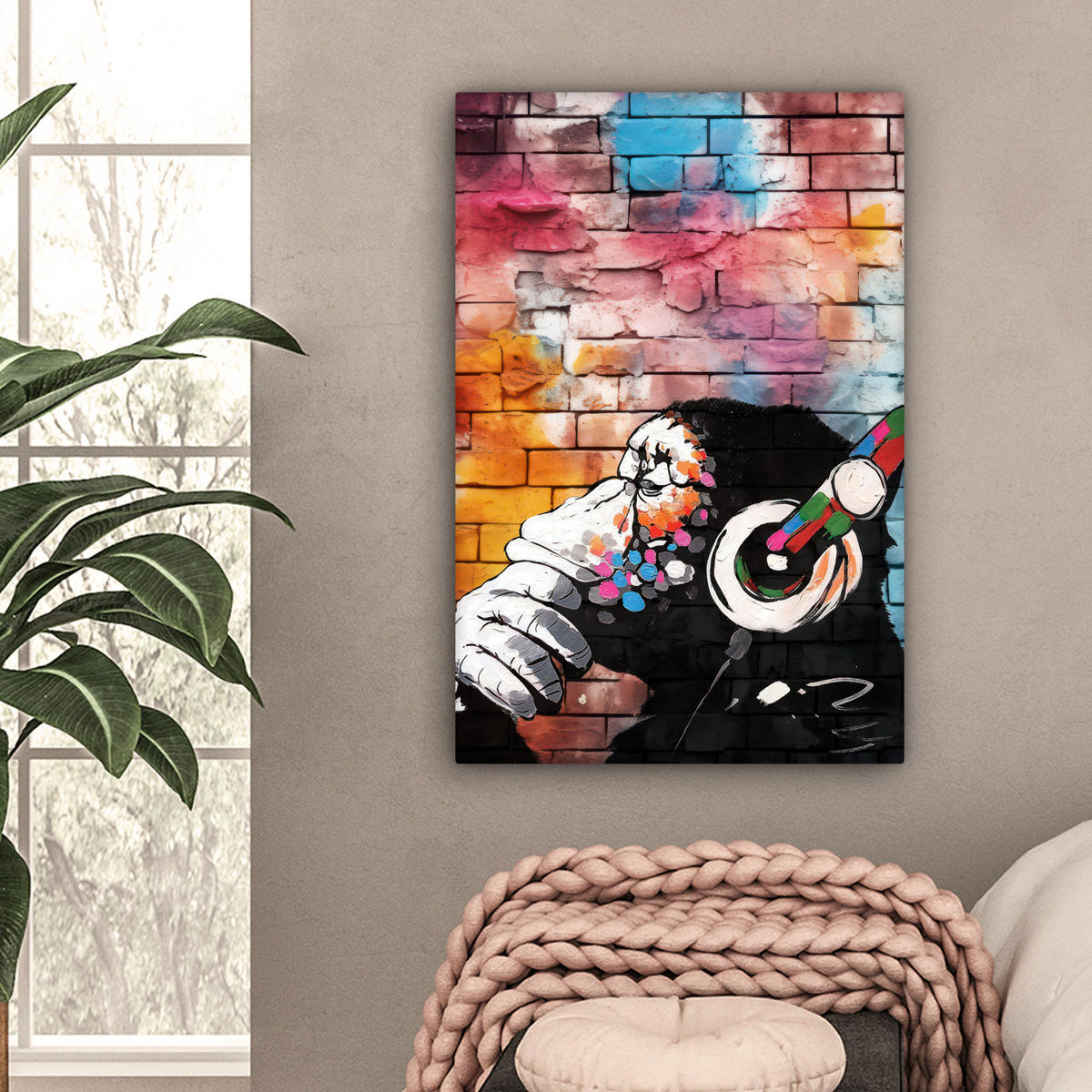 LEINWANDBILD Affe - Graffiti - Musik Wanddeko Schlafzimmer 60x90 cm - Multicolor, Textil (60/90cm) - MuchoWow