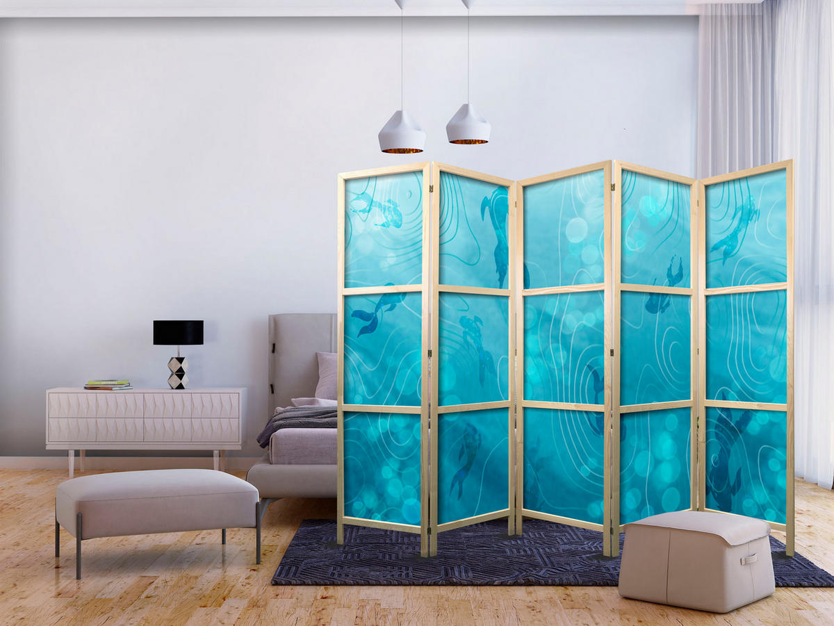 PARAVENT Japanischer 5-tlg 225x172 cm Fische Unter Wasser - Blau, Holz/Textil (225/172/3cm) - Muralo