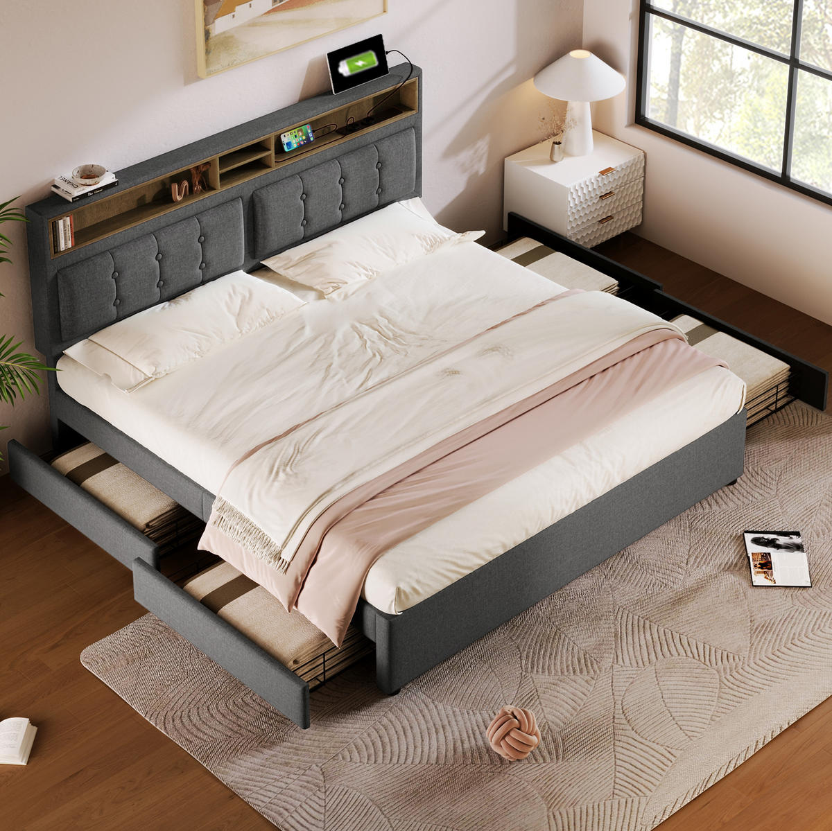 BETT mit 4 Schubladen & USB-C 140x200 cm Leinen Grau - Grau, Metall (140/200cm) - Meubliv