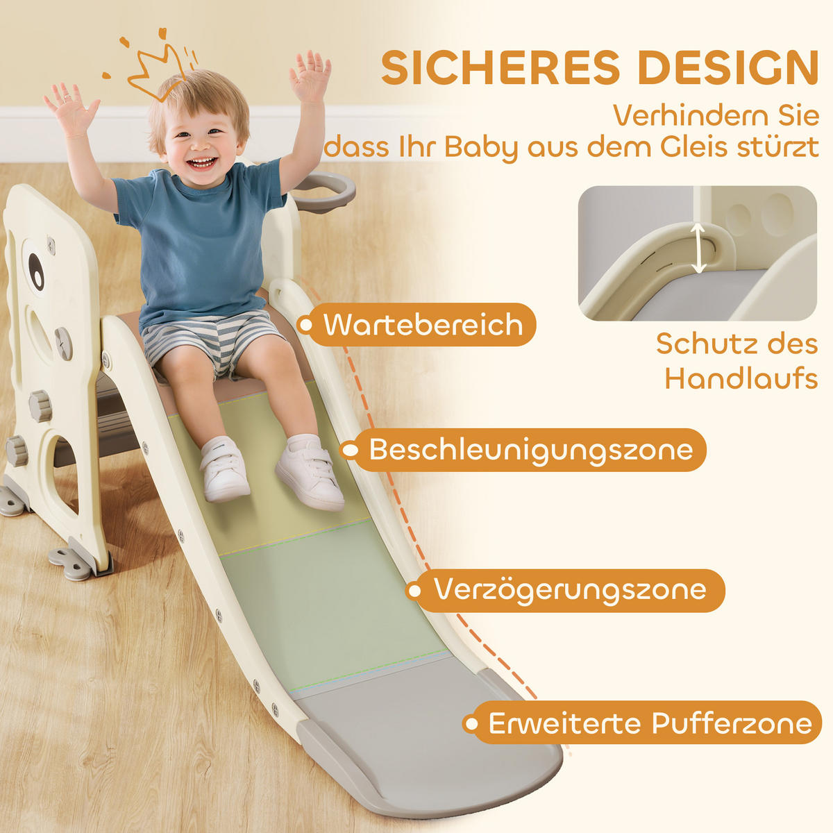 KINDERRUTSCHE 3 in 1 klappbar Kleinkinderrutsche mit Basketballkorb, Schnallen - Creme, Kunststoff (52/65/146cm) - AIYAPLAY