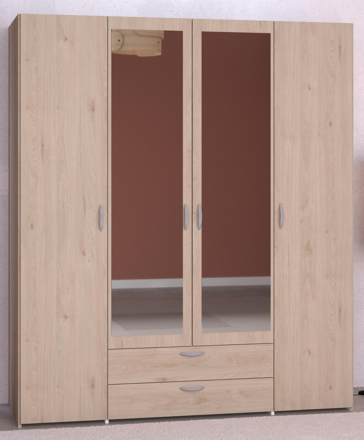 KLEIDERSCHRANK mit Spiegel Eiche 160 cm 4-türig Drehtürenschrank - Eichefarben/Silberfarben, Holzwerkstoff/Kunststoff (160/185/51cm) - Furn.Design