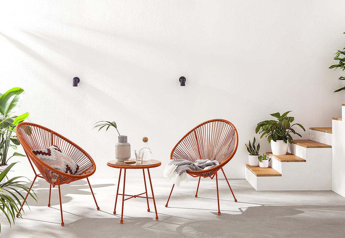 SITZGRUPPE - Stahl / Polyrattan - 3-teilig - Terracotta, Naturmaterialien/Glas - home24