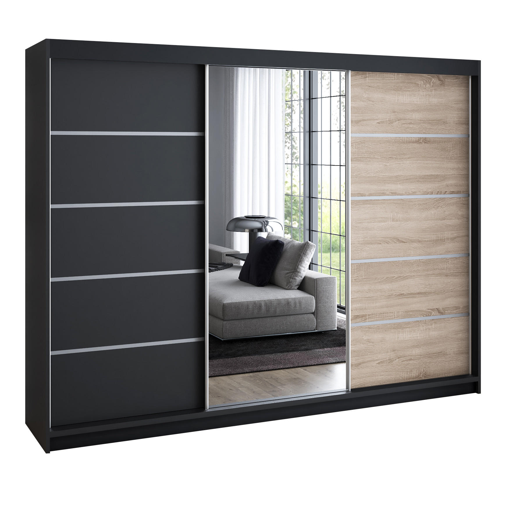 A&J MöbelLand Schwebetürenschrank Schwarz, Schwarz, Braun 200x215x59.5 cm