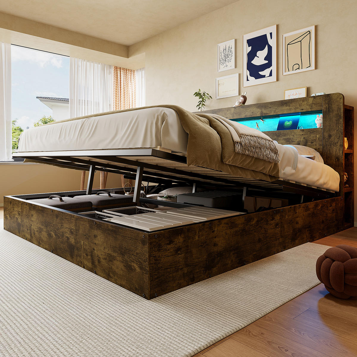 BETT 180/200 cm in Holz mit Bettkasten, LED und Steckdosen - Nussbaumfarben, Holz/Holzwerkstoff (180/200cm) - WISHDOR