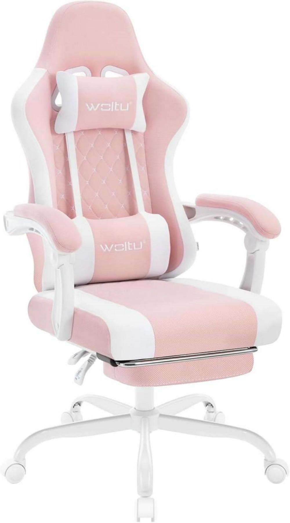 GAMINGSTUHL mit Massagefunktion, Netzstoff, Rosa+Weiß - Weiß/Rosa, Textil/Metall (70/127/70cm) - Woltu