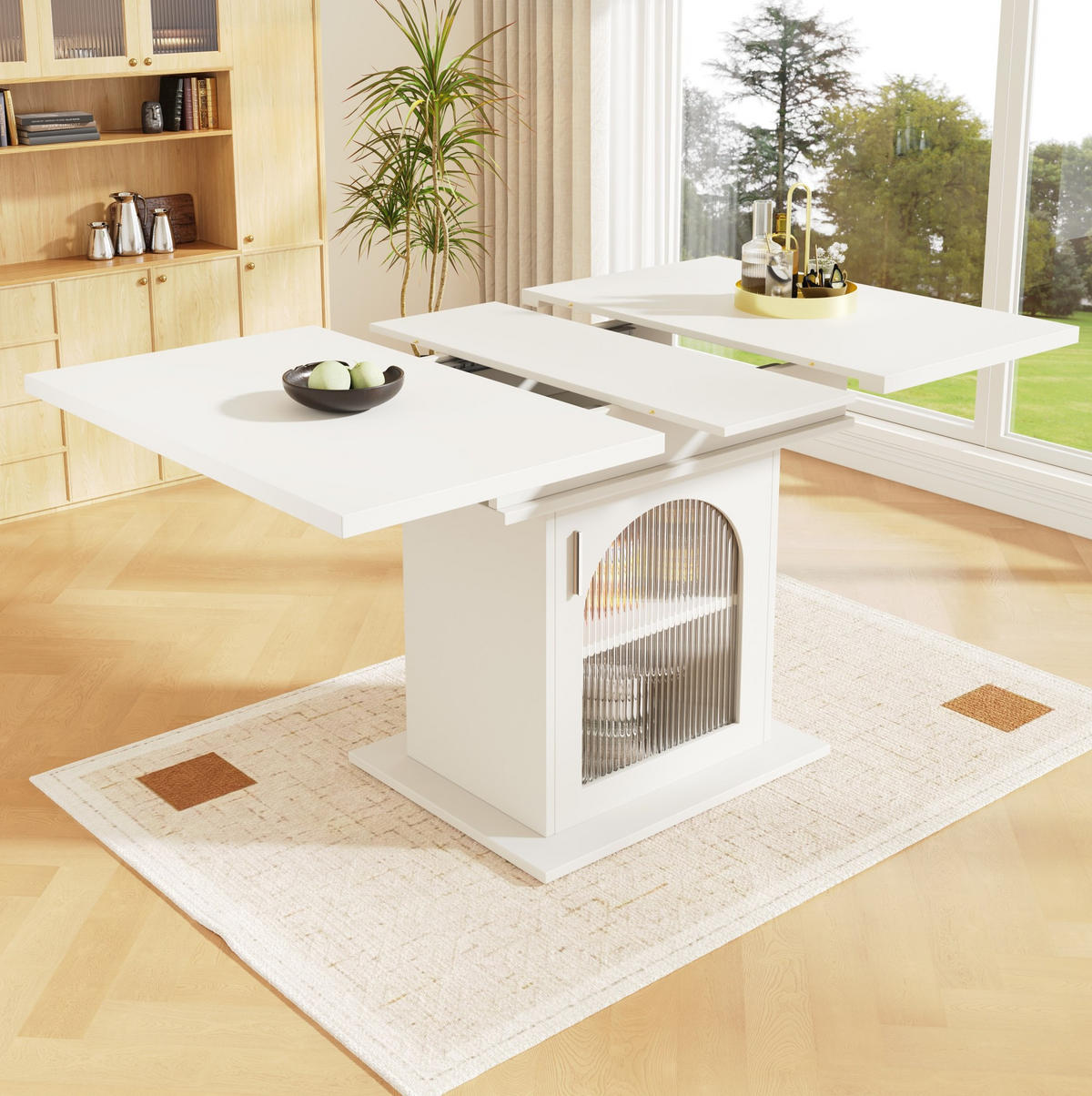 JEDÁLENSKÝ stôl 110/140/80 cm biela, MDF a sklo, rozkladací s úložným priestorom - biela, kompozitné drevo (80/140/76cm) - BEAOK