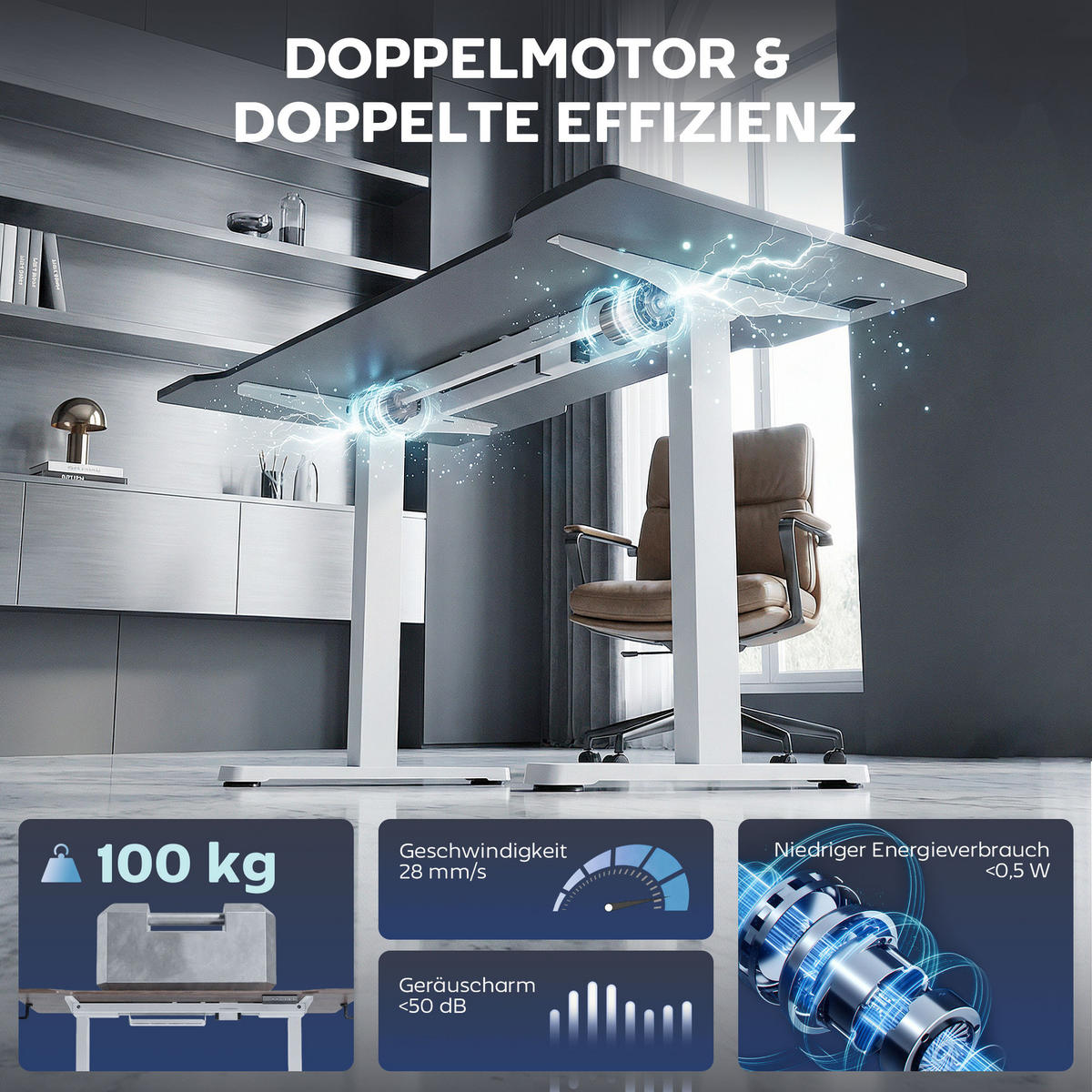 SCHREIBTISCHGESTELL mit Speicherfunktion Doppelmotor 100 bis 156 cm - Weiß, Metall (60/100/70cm) - Gisaae