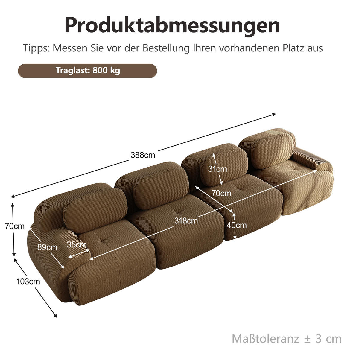 4-SITZER-SOFA DE-34025 modular mit Armlehnen Braun - Braun, Textil (103/75/388cm) - ComfortXL