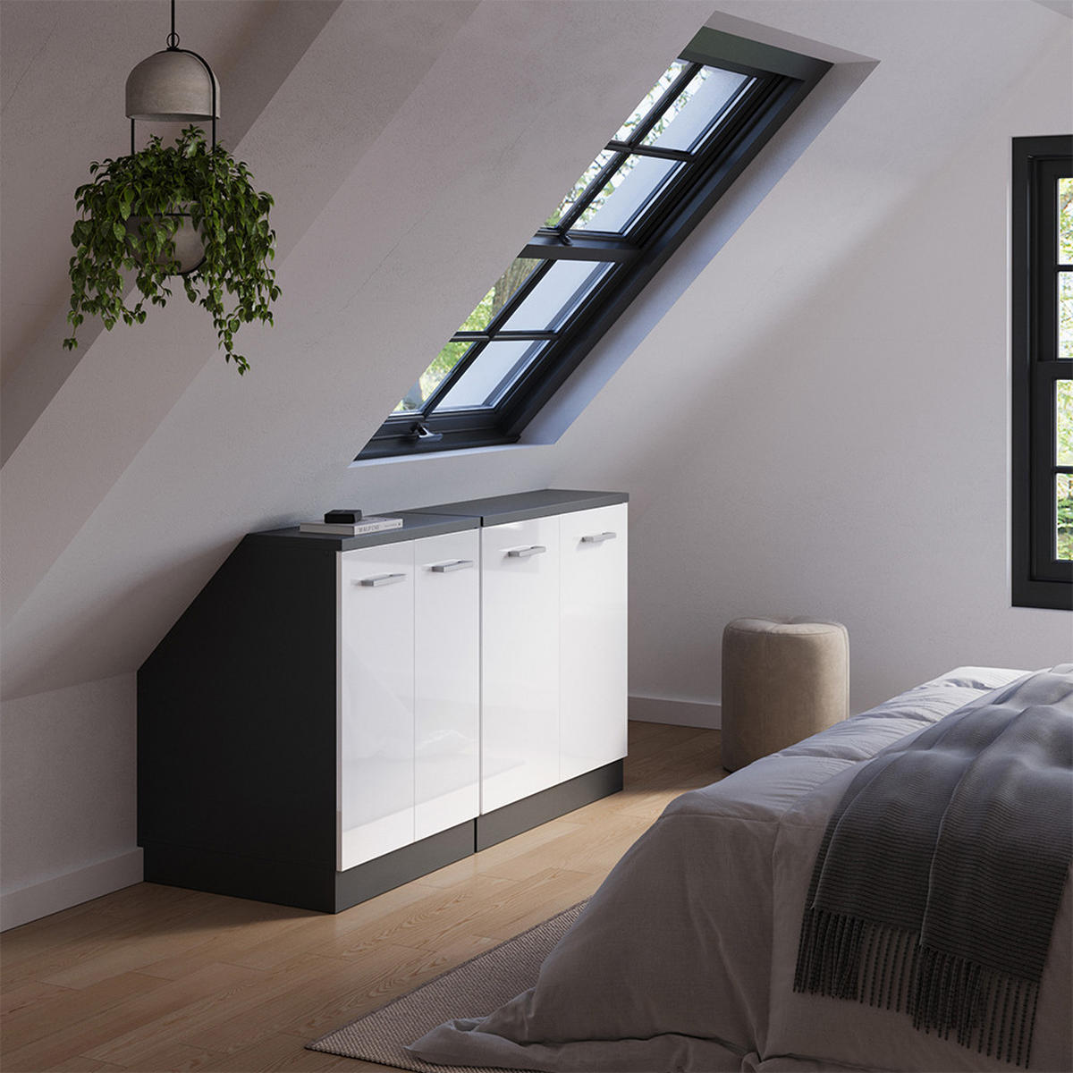 KOMPLET OMAR S POŠEVNO STREHO Rion Bela visok sijaj 140 cm Komplet 2 korpusov omare globina 60 cm - bela/visoki sijaj, leseni material (140/83.8/60cm) - Vicco